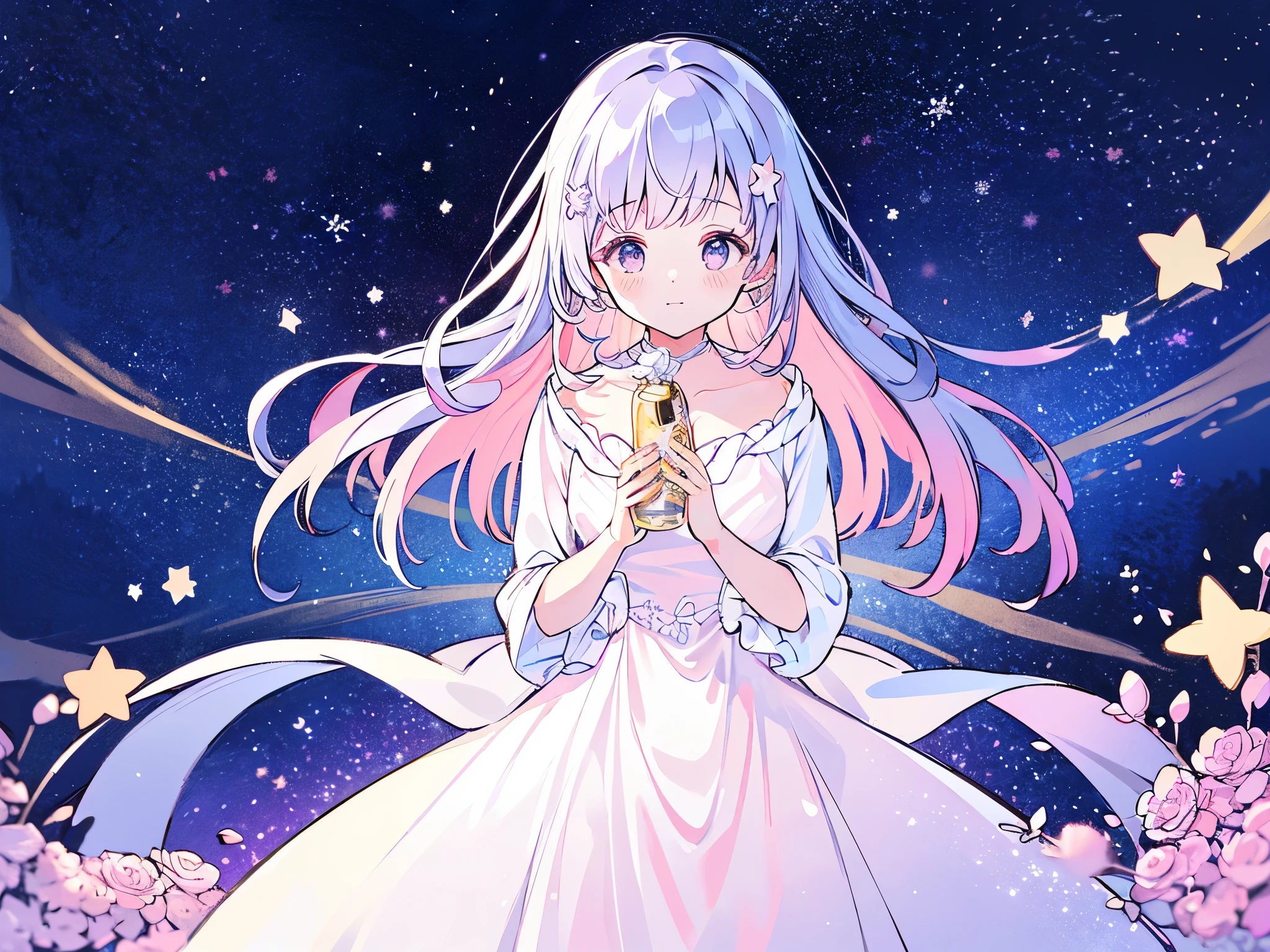 complex background, wishing star background, woman inside of the bottle wearing a ethereal mystical pink traslucent dress that reflects the stars , perfume promo art, mystic,complex drawing, highly detailed, Covergirl brand, promo art,a woman inside of a perfume bottle. artistic rendition, ethereal, starry night, midjourney style