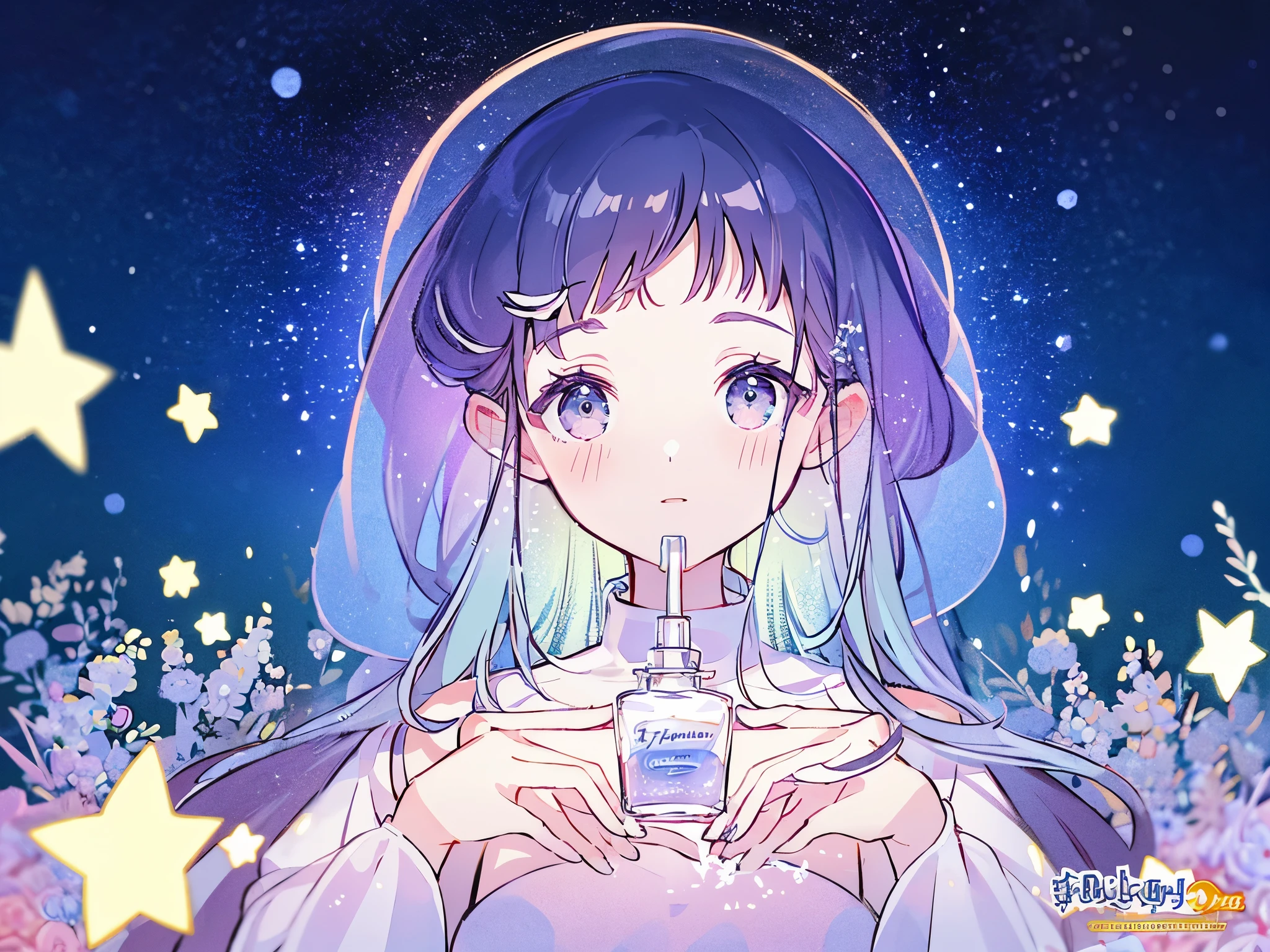 complex background, wishing star background, woman inside of the bottle wearing a ethereal mystical pink traslucent dress that reflects the stars , perfume promo art, mystic,complex drawing, highly detailed, Covergirl brand, promo art,a woman inside of a perfume bottle. artistic rendition, ethereal, starry night, midjourney style