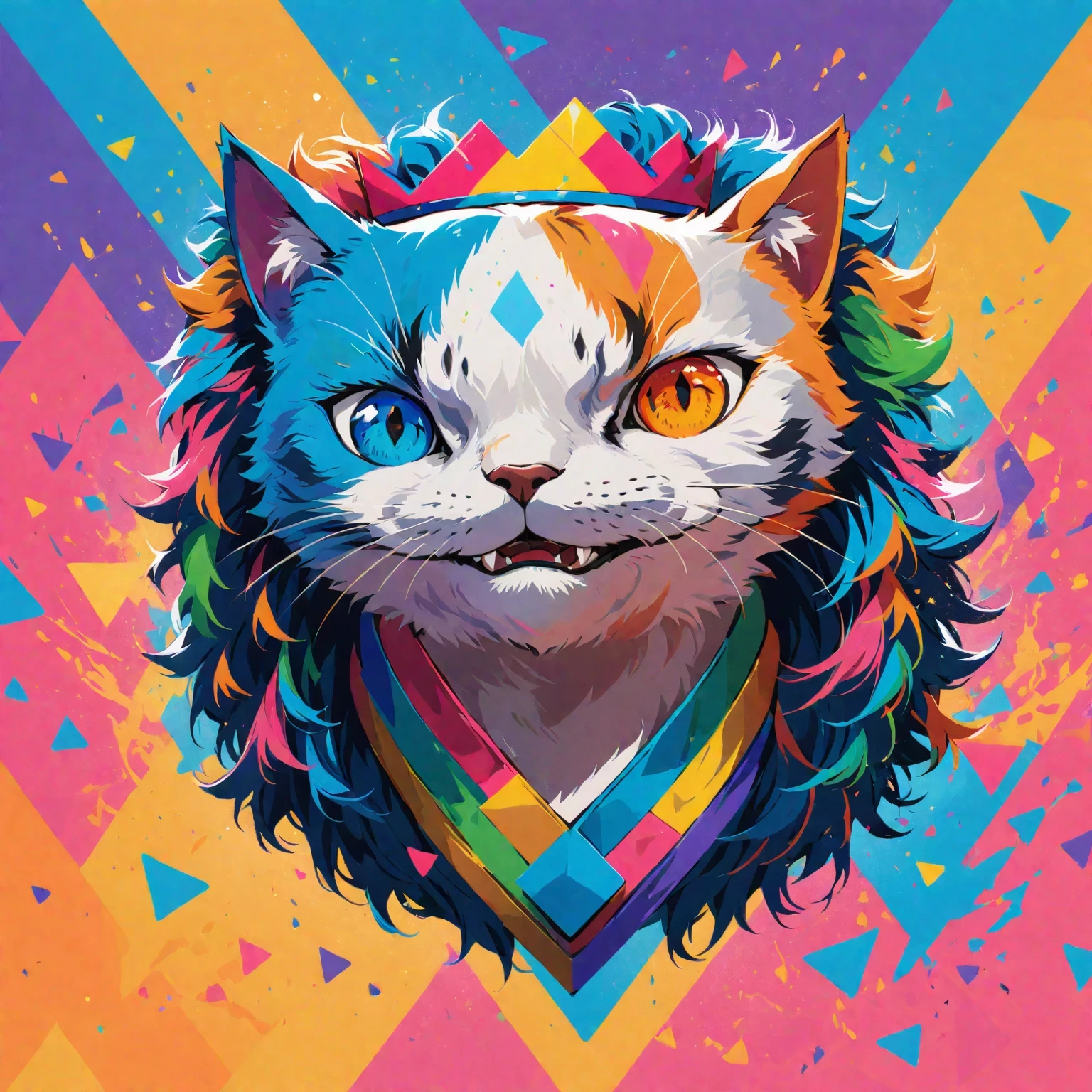 diy11，a crowned cat in a modern and pop art style, with geometric twists and rainbow hues seamlessly incorporated into the design

