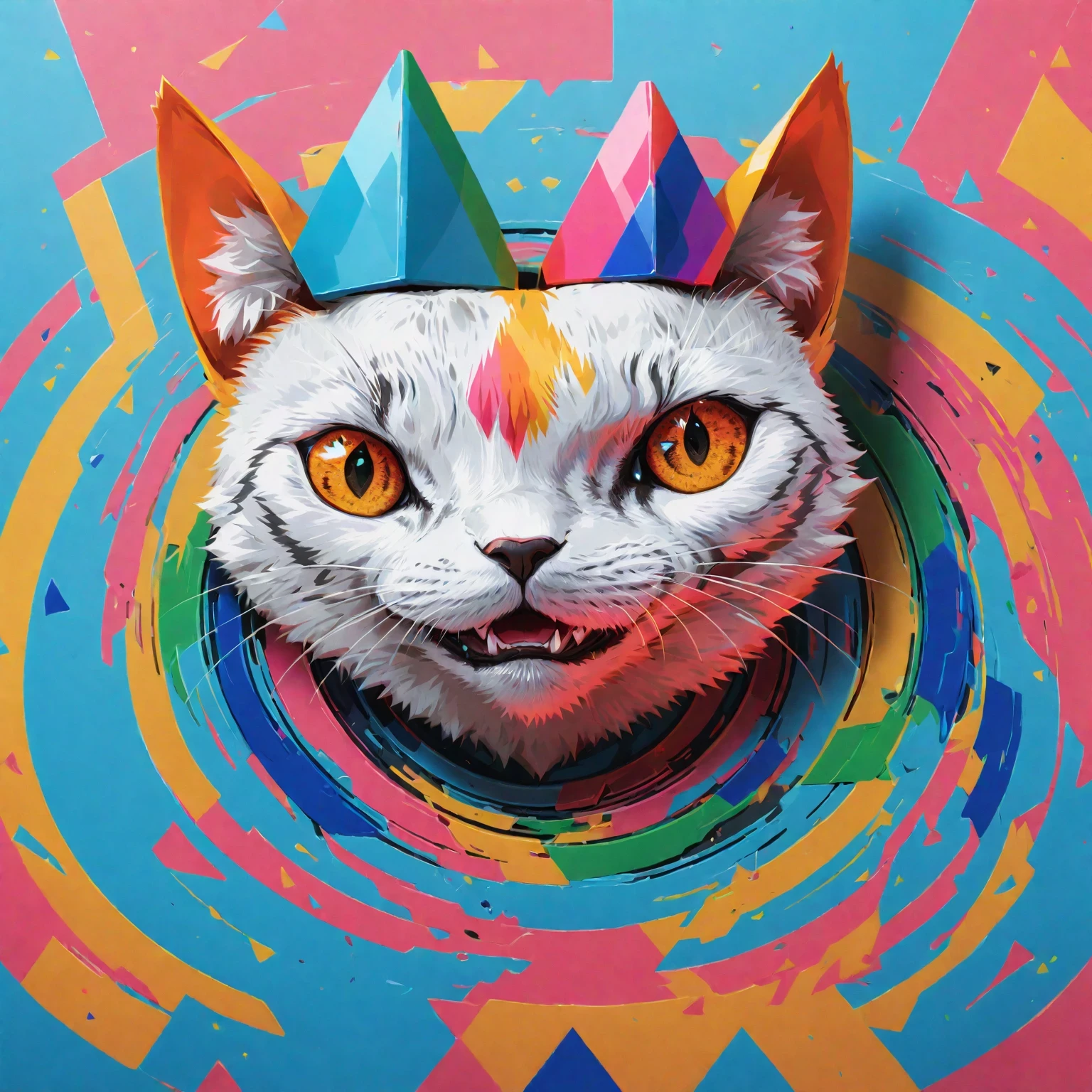 diy11，a crowned cat in a modern and pop art style, with geometric twists and rainbow hues seamlessly incorporated into the design

