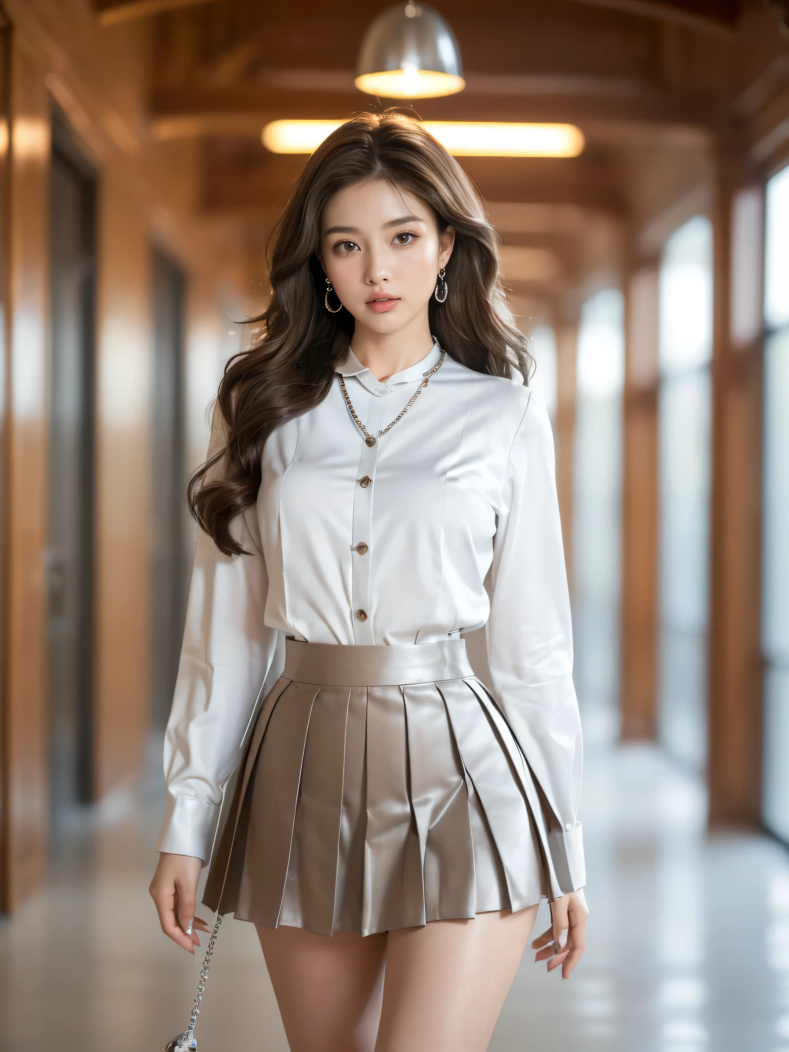 highest quality,masterpiece,ultra high resolution,(actual:1.4),original photo,ultra high resolution，8K，there is a girl，fashion，winter，confident and beautiful，calm temperament，whole body，street，long legs,((Hair with loose waves inside:1.2)),((silver necklace＿Large earrings:1.2)),((Super long brown hair:1.2))、((Strongly blurred beautiful office corridor background:1.1)、The most natural and perfect office hallway、perfectly organized hallway、((white long sleeve button up blouse_with collar_Remove up to the second button＿brown pleated mini skirt:1.3)),