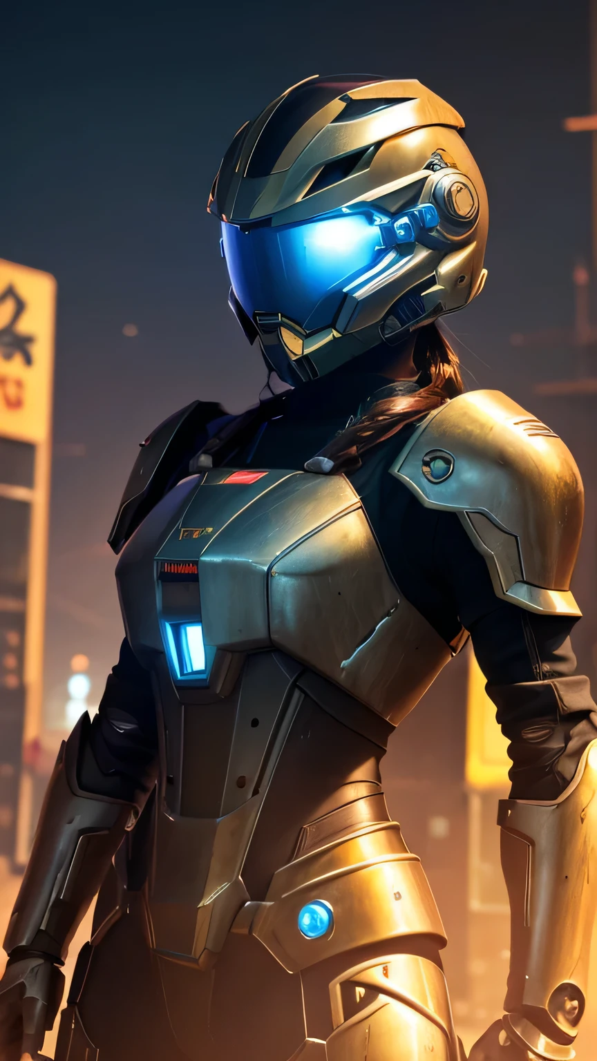 masterpiece, 最high quality, , (alone), 1 girl, look up, dim light, , horizon_(apex legend), goggles, blue eyes, brown hair, gauntlet, shoulder armor, (Mecha Helmet), (science_fiction), outdoor, street, neon light, cyber punk, masterpiece, 最high quality, high quality, High resolution,