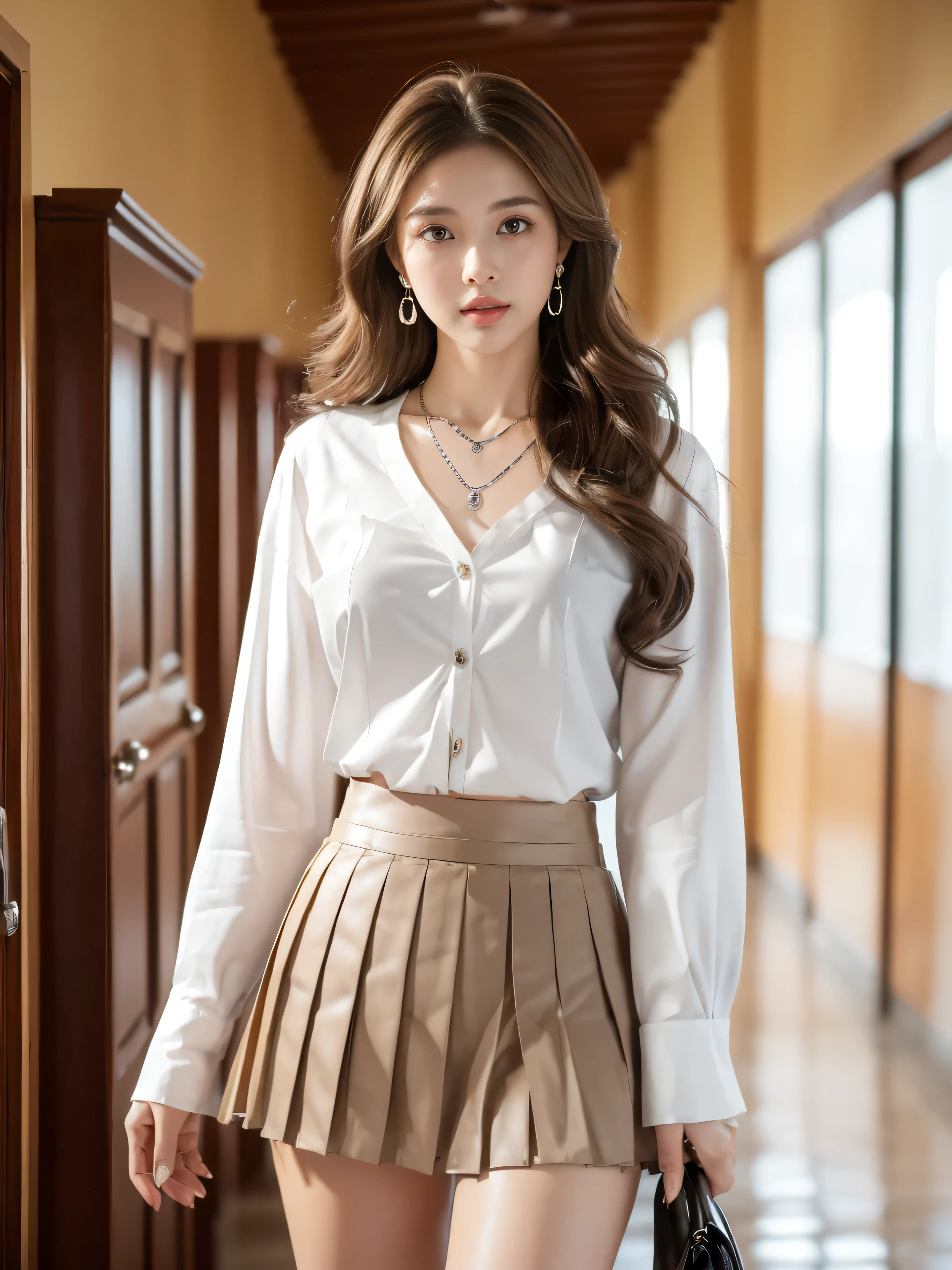 highest quality,masterpiece,ultra high resolution,(actual:1.4),original photo,ultra high resolution，8K，there is a girl，fashion，winter，confident and beautiful，calm temperament，whole body，street，long legs,((Hair with loose waves inside:1.2)),((silver necklace＿Large earrings:1.2)),((Super long brown hair:1.2))、((Strongly blurred beautiful office corridor background:1.1)、The most natural and perfect office hallway、perfectly organized hallway、((white long sleeve button up blouse_brown pleated mini skirt＿Put the shirt inside the skirt:1.3))