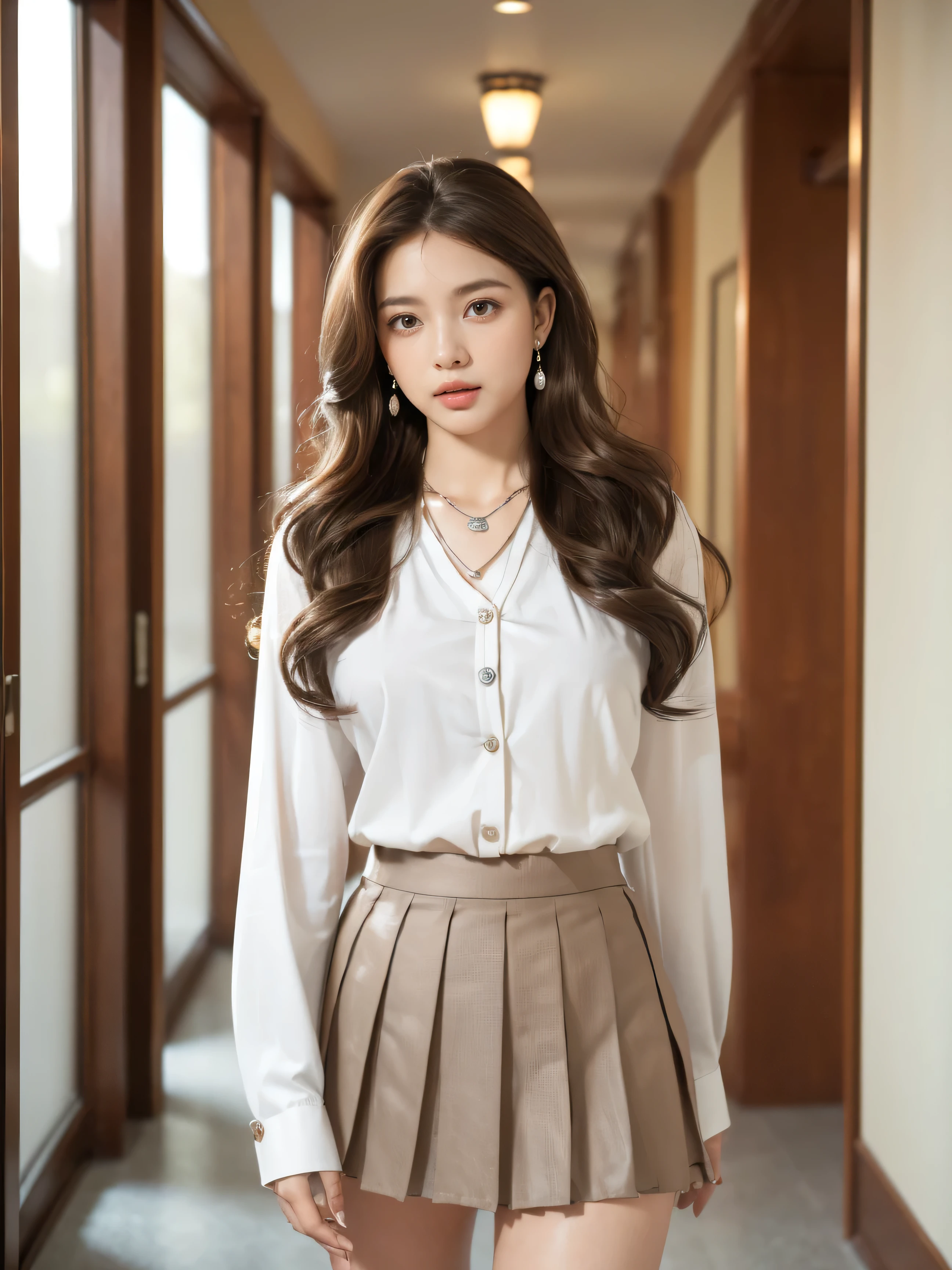 highest quality,masterpiece,ultra high resolution,(actual:1.4),original photo,ultra high resolution,8K,there is a girl,fashion,winter,confident and beautiful,calm temperament,whole body,street,long legs,((Hair with loose waves inside:1.2)),((silver necklace_Large earrings:1.2)),((Super long brown hair:1.2))、((Strongly blurred beautiful office corridor background:1.1)、The most natural and perfect office hallway、perfectly organized hallway、((white long sleeve button up blouse_brown pleated mini skirt_Put the shirt inside the skirt:1.3))