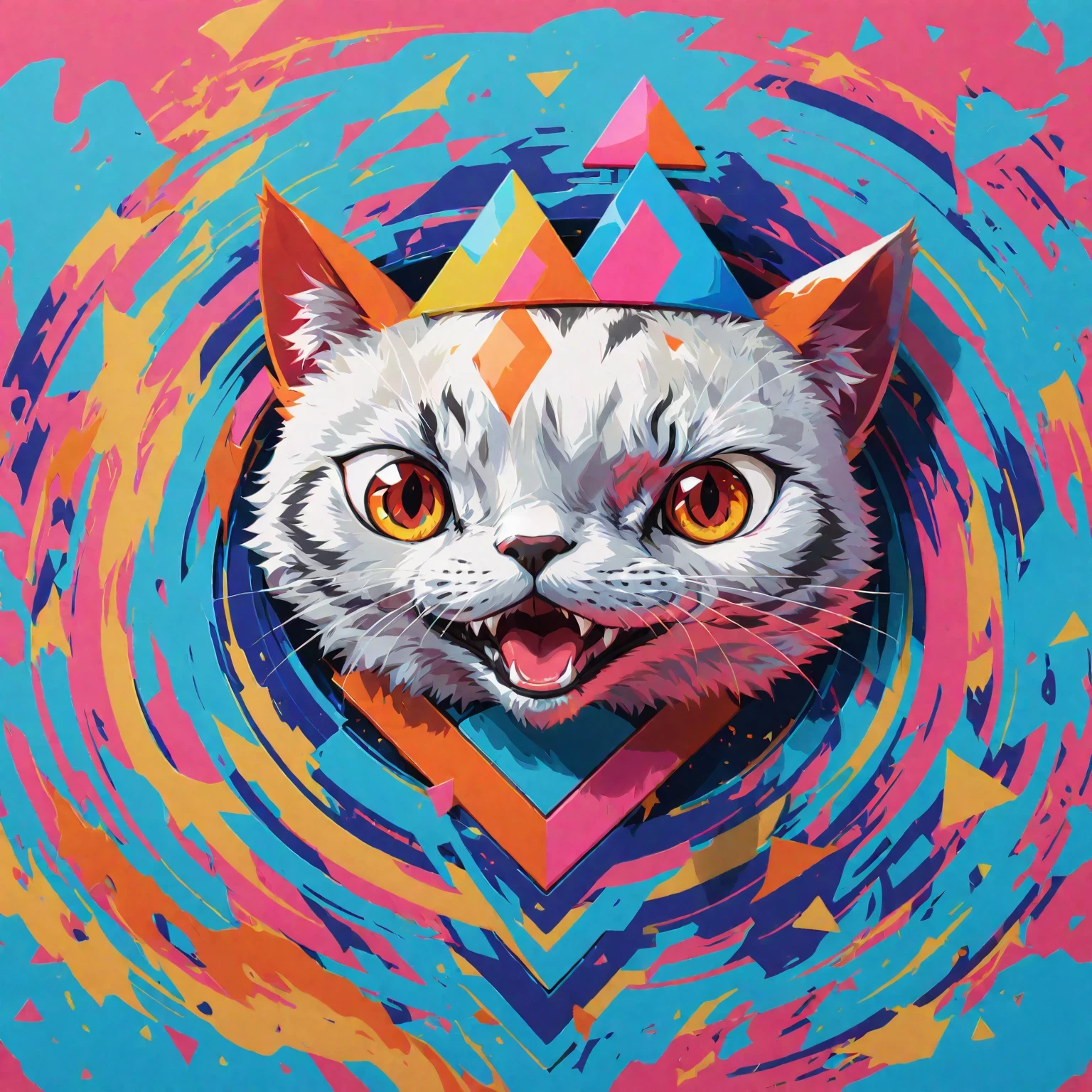 diy11,a crowned cat in a modern and pop art style, with geometric twists and rainbow hues seamlessly incorporated into the design