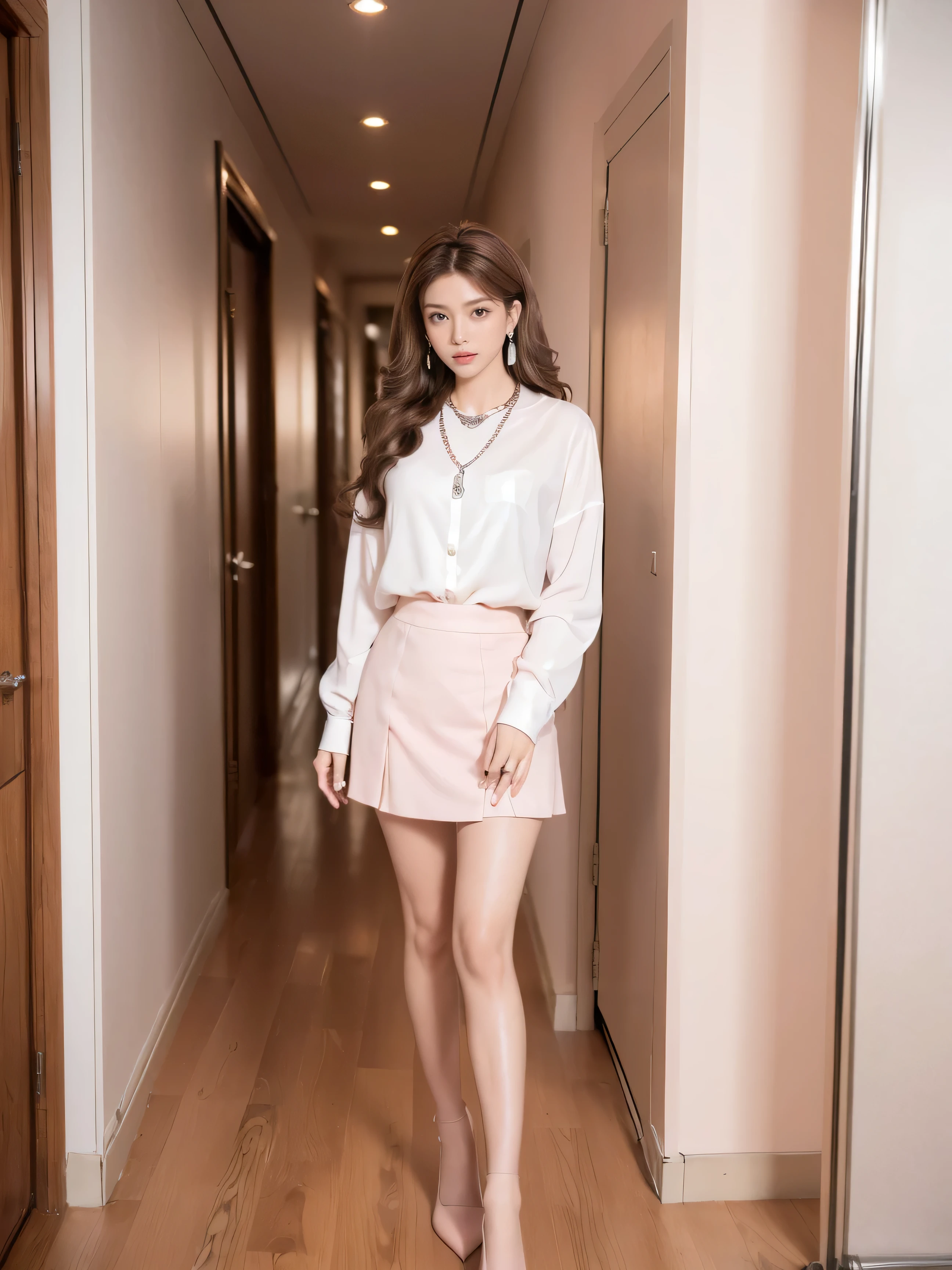 highest quality,masterpiece,ultra high resolution,(actual:1.4),original photo,ultra high resolution，8K，there is a girl，fashion，winter，confident and beautiful，calm temperament，whole body，street，long legs,((Hair with loose waves inside:1.2)),((silver necklace＿Large earrings:1.2)),((Super long brown hair:1.2))、((Strongly blurred beautiful office corridor background:1.1)、The most natural and perfect office hallway、perfectly organized hallway、(wearing a classy (white) Button shirt:1.2), ((Light pink) long irregular hem skirt:1.2), close the button,  