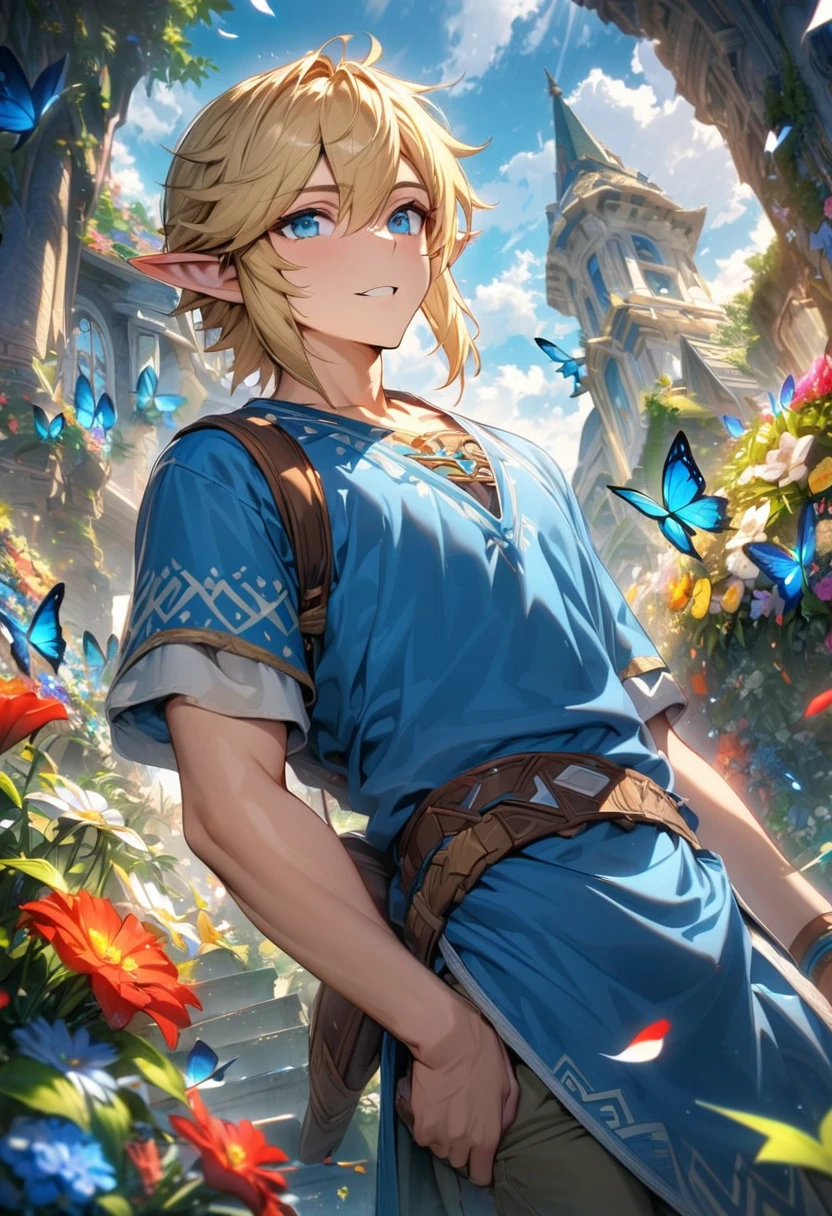 absurdres, highres, ultra detailed, HDR), masterpiece, vibrant blue eyes, 1man, handsome, Link, blond hair, blue tunic, The legend of zelda breath of the wild, elf, flower garden, butterflies, petals