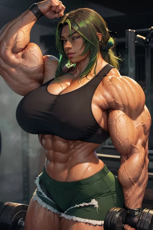 (((((Massive, tall, beautiful, sweating, brown skinned, buff, muscular woman with green hair, ginormous bulky muscles flexing biceps and wearing a black sports bra and black dolphin shorts))))), (close view), massive muscle, massive biceps, hyper muscle shoulders, vascular shoulders, hyper muscle triceps, (curvy long hair), orange eyes, choker, fingerless gloves, (in a steamy foggy weight room), confident smile, morning, hyper vascular arm, hyper muscles arms, hyper muscle legs, massive arms.