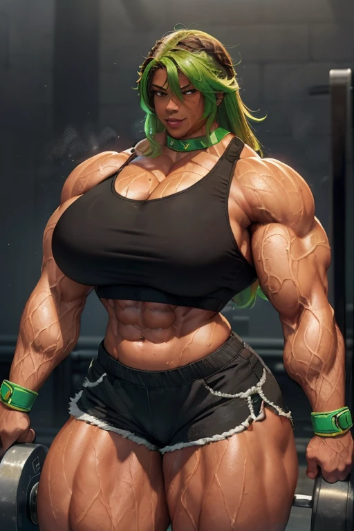 (((((Massive, tall, beautiful, sweating, brown skinned, buff, muscular woman with green hair, ginormous bulky muscles flexing biceps and wearing a black sports bra and black dolphin shorts))))), (close view), massive muscle, massive biceps, hyper muscle shoulders, vascular shoulders, hyper muscle triceps, (curvy long hair), orange eyes, choker, fingerless gloves, (in a steamy foggy weight room), confident smile, morning, hyper vascular arm, hyper muscles arms, hyper muscle legs, massive arms.