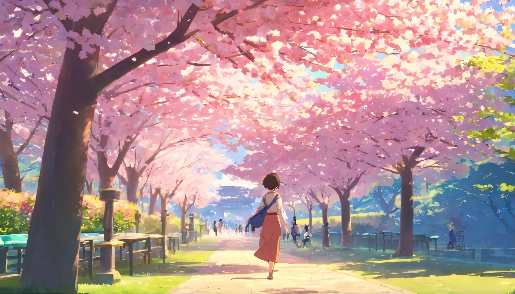 A woman walking in a park where cherry blossoms bloom、、cherry blossoms are dancing、spring、sunlight