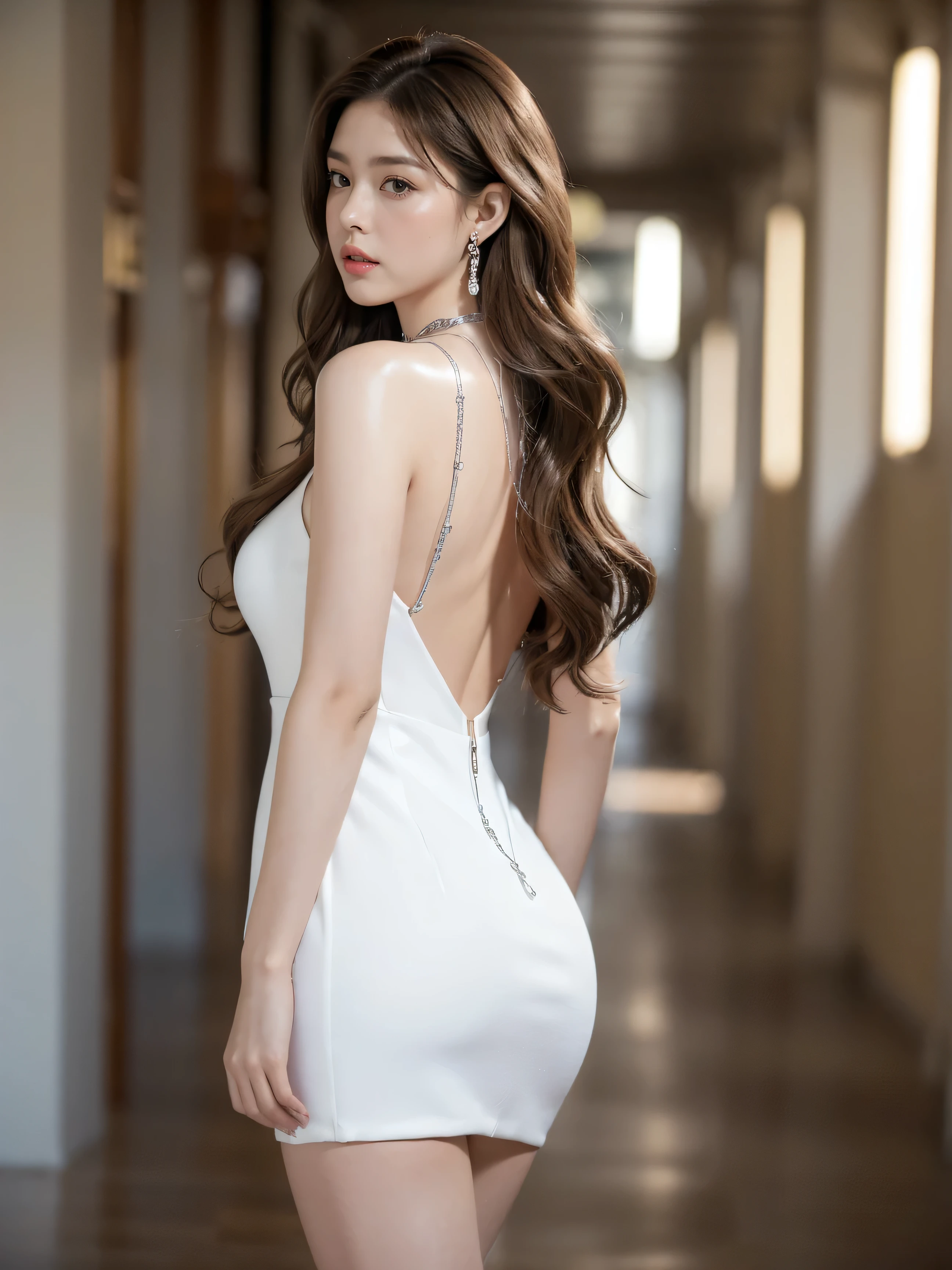 highest quality,masterpiece,ultra high resolution,(actual:1.4),original photo,ultra high resolution,8K,there is a girl,fashion,winter,confident and beautiful,calm temperament,whole body,street,long legs,((Hair with loose waves inside:1.2)),((silver necklace_Large earrings:1.2)),((Super long brown hair:1.2))、((Strongly blurred beautiful office corridor background:1.1)、The most natural and perfect office hallway、perfectly organized hallway、(flooming laced mini dress), ((white color dress)), (tight skirt), ((turning back, back shot)), (ultra mini skirt), exposed ass, (up skirt shot)