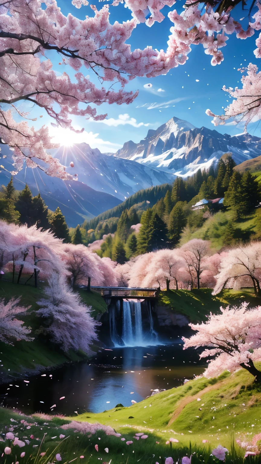 ((LOGO, AMAZING, 8K, TABLETOP, RAW PHOTO, Awesome, Top Quality, Photorealistic and Highly Detailed CG Integrated 8K Wallpaper, High Quality, Highly Detailed, Narrative Verse, Particle Effects, Dynamic Effects, Text Border Depth, Cinematic Light, Lens Flare, Ray Tracing, Tabletop, Real: 1.4, Ultra HD: 1.2, Real, Real)), Fantasy, Anatomically Correct, Wind, Beauty of Mountains and Forests and shine, the world's silence and beauty of the meadow, the vast land, the lakeside, the wonderful scenery, the beautiful natural scenery, the wind, the cherry blossoms, the cherry blossom petals are dancing, the cherry blossom blizzard, the falling petals.