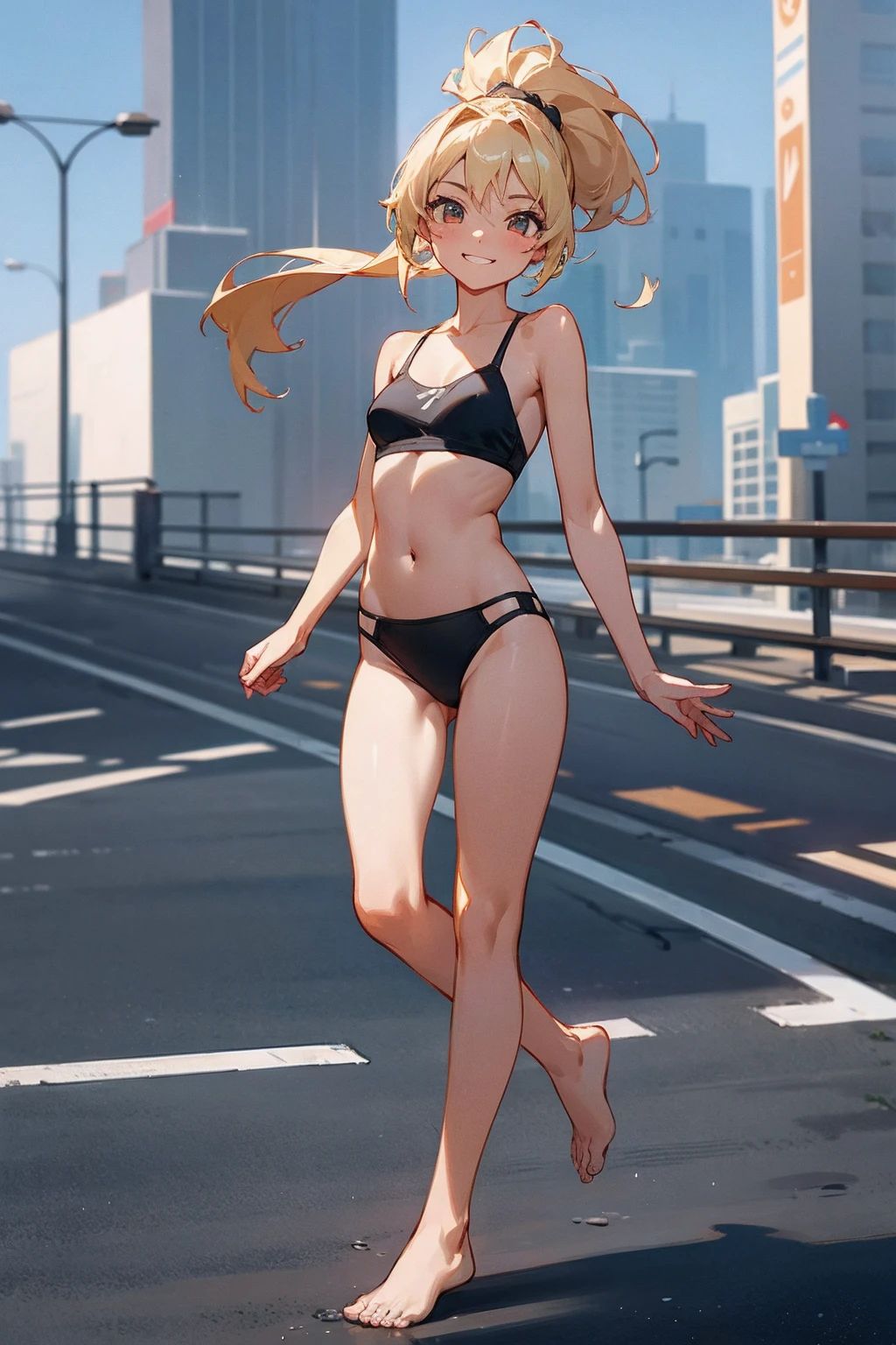 masterpiece,highest quality,official art,Highly detailed CG Unity 8K wallpaper,one cute tanned girl,black bra,black bikini,Flat chest,Navel exposed.,toned body,barefoot,私inside the city,ponytail,blonde,wearing sunglasses,smile,smiling face,face is turning red,Empty-handed,Sunlight hits,light is reflected on the skin,standing at a crosswalk,((Ultra Wide Angle Photography)),((straighten your legs)),The entire body fits compactly in the center,full body,Many people々