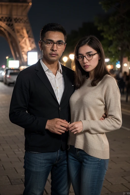 Masterpiece, upper, very detailed, real photos, indonesian woman wearing blazer and indonesian man wearing a sweater, eye glasses only man and jeans, standing facing the camera under the Eiffel Tower at night , 32K ultraHD resolution, HDR, 800mm lens, realistic , hyperrealistic, photography, professional photography, deep photography, ultra HD, very high quality, best quality, mid quality, HDR photo, focus photo, deep focus, very detailed, original photo, ultra sharp, natur