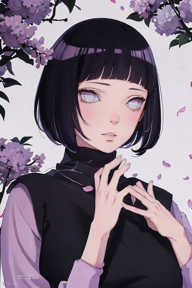 { - anatomy error} (Masterpiece - Ultra-detailed, very high resolution) (huge titusty, masterpiece, absurdres, hinata\(boruto\), 1girl, solo,mature female, lilac turtleneck blouse, black pant, looking at viewelling petals), perfect composition, detailed lips, big breast, beautiful face, body propotion, blush, (pink lips), short hair, (black hair), purple eyes, soft gaze, super realistic, detailed, photoshoot, realistic face and body, closed mouth , lilac eyes, upper body, hidden hands, perfect fingers, inocent face, portrait, Walking, writing, lying down, standing, on your back, dynamic poses