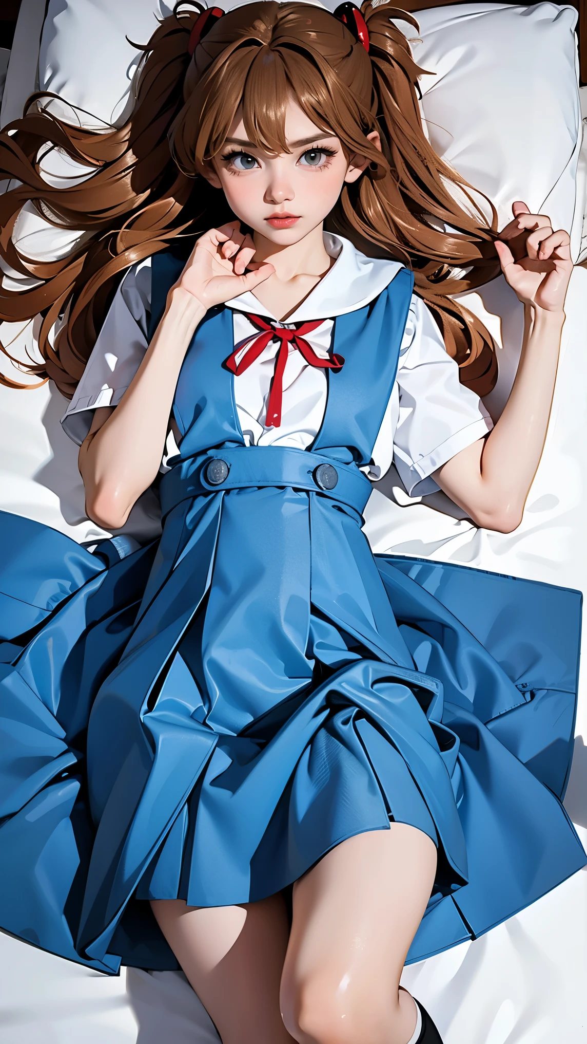 ((highest quality, 8K, masterpiece:1.3, realistic:1.3)), {{lying in bed, From above, dakimakura}}, Japanese high school girl, single woman,  very light brown hair, With bangs, (japanese uniform, socks, thick thighs,Store the song on the cotton side), Highly detailed face and skin texture, fine eyes, lip details, The hair is very well drawn, Pueros face, in the heat, embarrassed look, natural makeup:1.0,skirt lift,pantyhose,