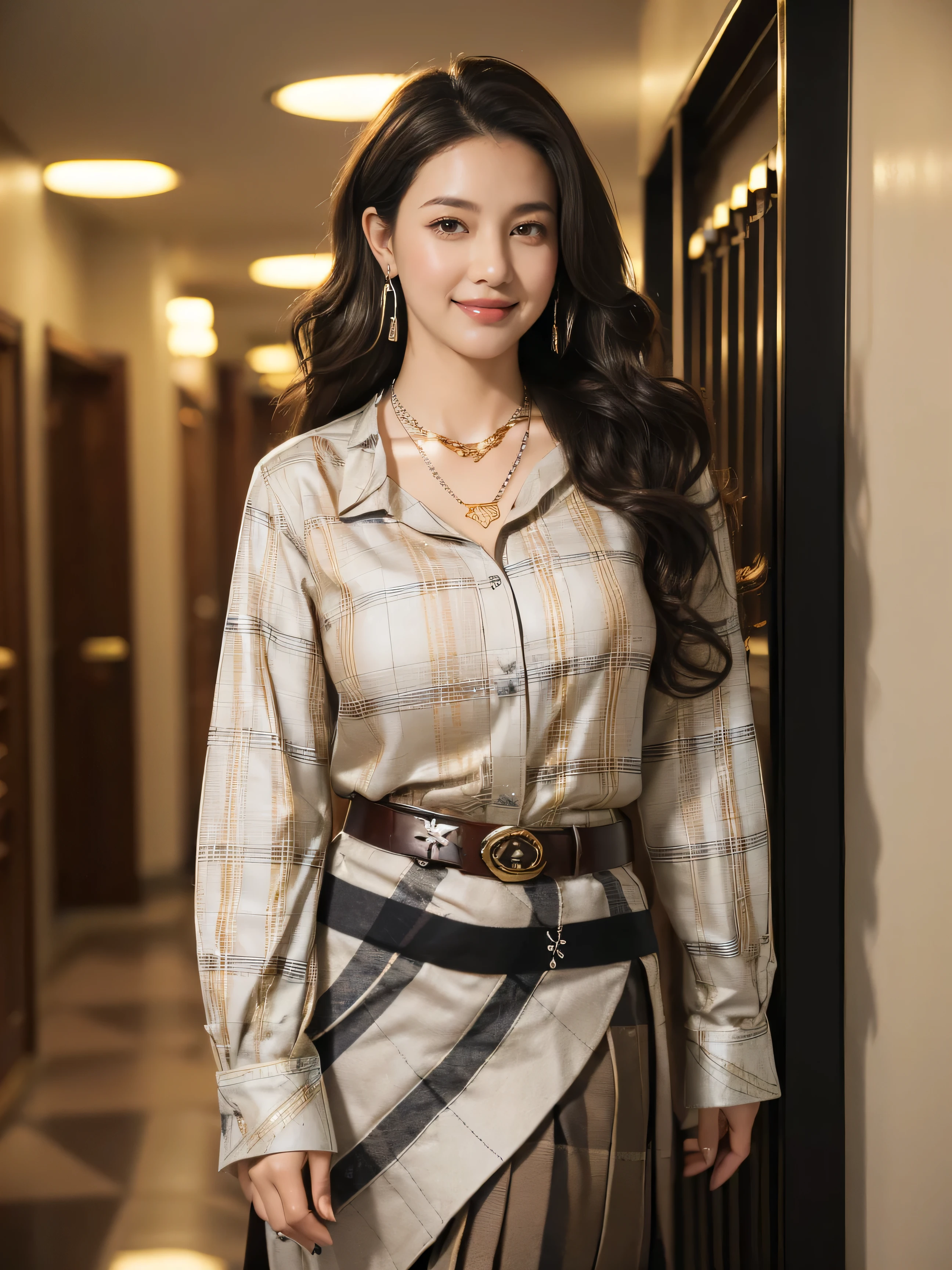 highest quality,masterpiece,ultra high resolution,(actual:1.4),original photo,ultra high resolution，8K，there is a girl，fashion，winter，confident and beautiful，calm temperament，whole body，street，long legs,((Hair with loose waves inside:1.2)),((silver necklace＿Large earrings:1.2)),((Super long brown hair:1.2))、((Strongly blurred beautiful office corridor background:1.1)、The most natural and perfect office hallway、perfectly organized hallway、(((wearing a classy elegant Black Beige Tartan Plaid pattern shirt:1.3))), (pleats skirt:1.3), (belt:1.3),((shy smile:1.3)),((gold necklace＿Large earrings:1.2)),