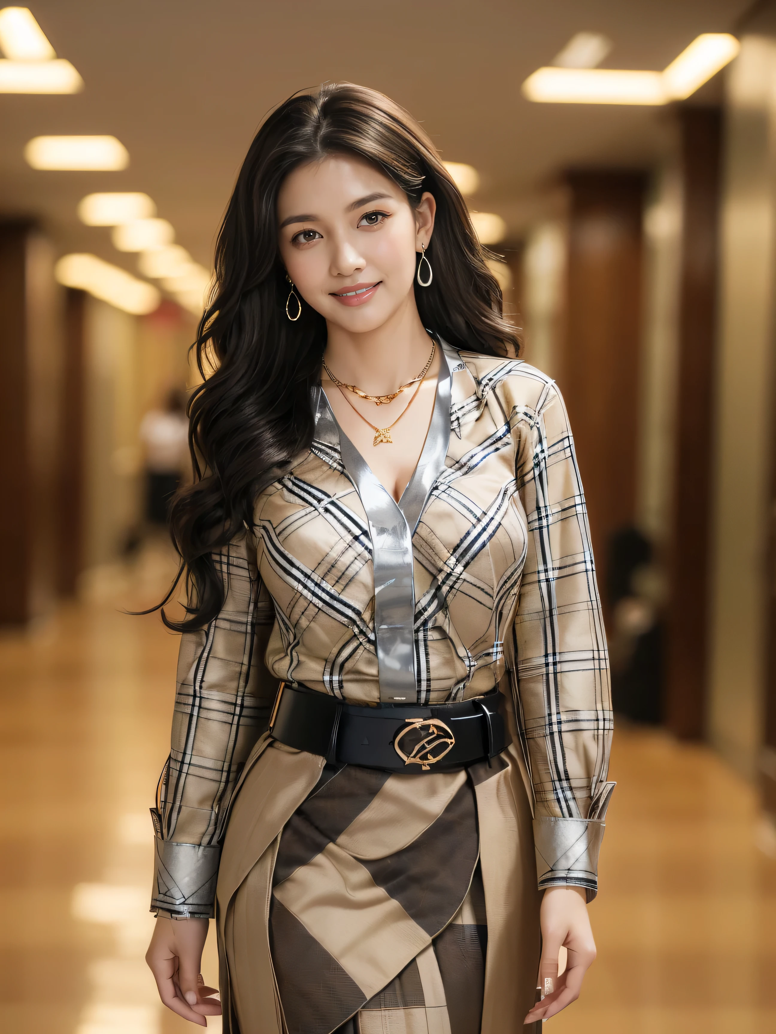 highest quality,masterpiece,ultra high resolution,(actual:1.4),original photo,ultra high resolution,8K,there is a girl,fashion,winter,confident and beautiful,calm temperament,whole body,street,long legs,((Hair with loose waves inside:1.2)),((silver necklace_Large earrings:1.2)),((Super long brown hair:1.2))、((Strongly blurred beautiful office corridor background:1.1)、The most natural and perfect office hallway、perfectly organized hallway、(((wearing a classy elegant Black Beige Tartan Plaid pattern shirt:1.3))), (pleats skirt:1.3), (belt:1.3),((shy smile:1.3)),((gold necklace_Large earrings:1.2)),