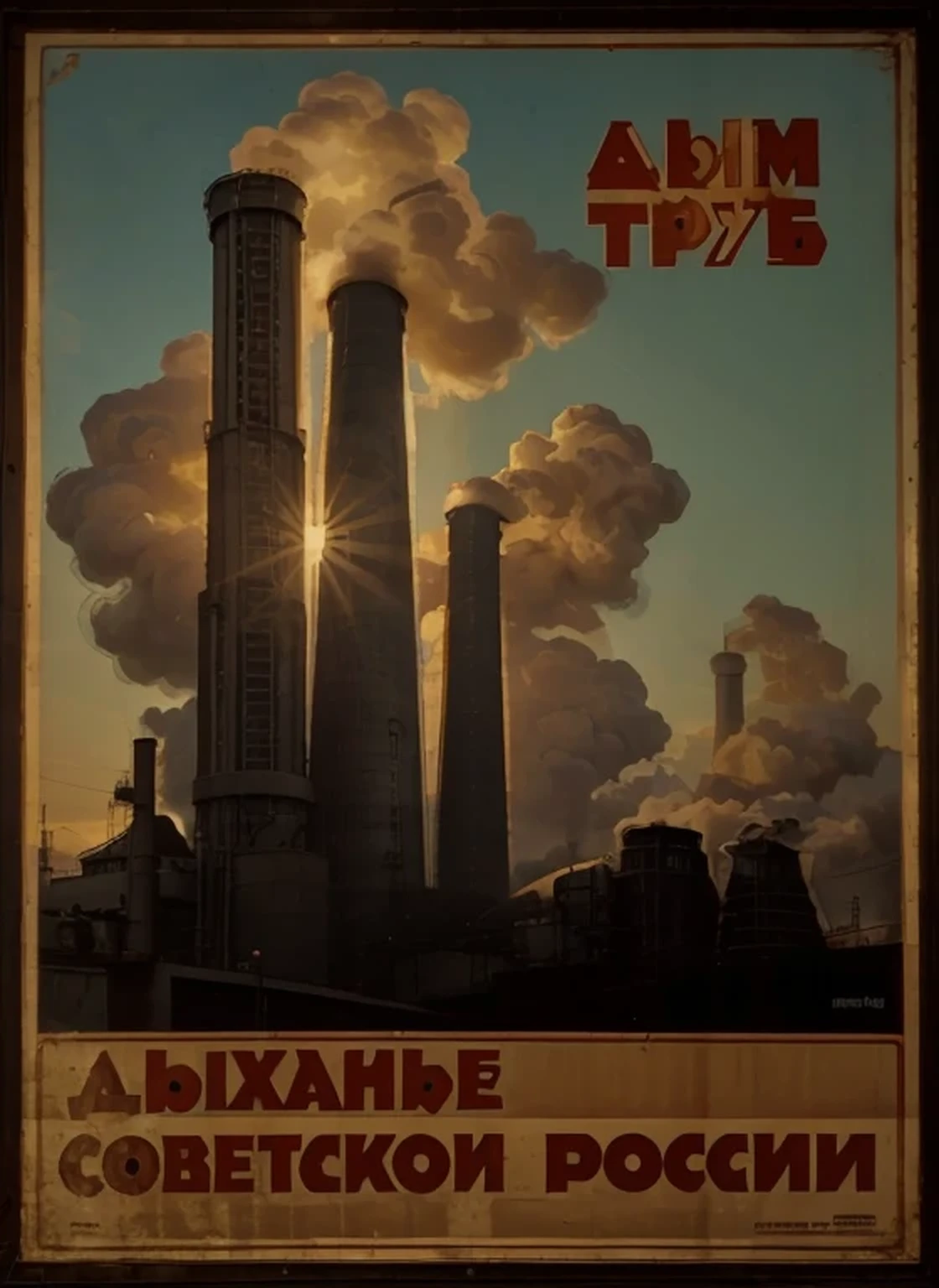 banner, shows Soviet communist industrial building, industrial chimneys with a lot of smoke, Soviet propaganda style, Russian letters