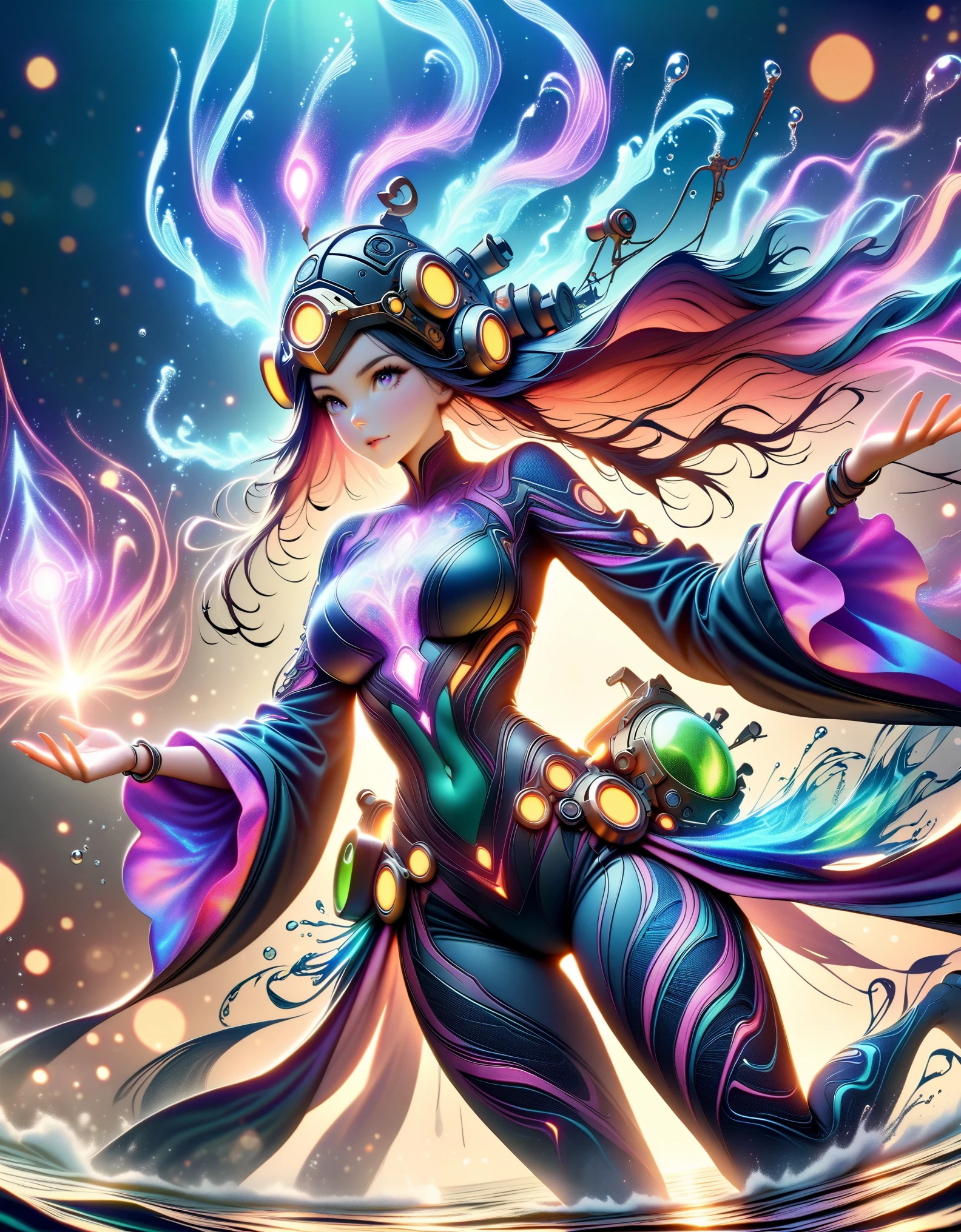(best quality, masterpiece, Ridiculous, high resolution, extremist_detailed, Dynamic angle:1.2), Photography by 1girl, mage, Hydromancer, (rich and colorful:1.3) Gorgeous diving jumpsuit, Lama diving helmet, glowing cybernetics, Robe woven with celestial patterns, (cast a spell, occult knowledge, Empower allies, Elemental Water Magic:1.5), Elegant and glowing runes, (underwater:1.2), marine plants, bioluminescence, futuristic, science fiction, (intricate details, hyperdetailed:1.15), (extremisthigh resolution textures), Bokeh, (Volumetric, cinematic, Dark blue) light, Caustics, depth of field,