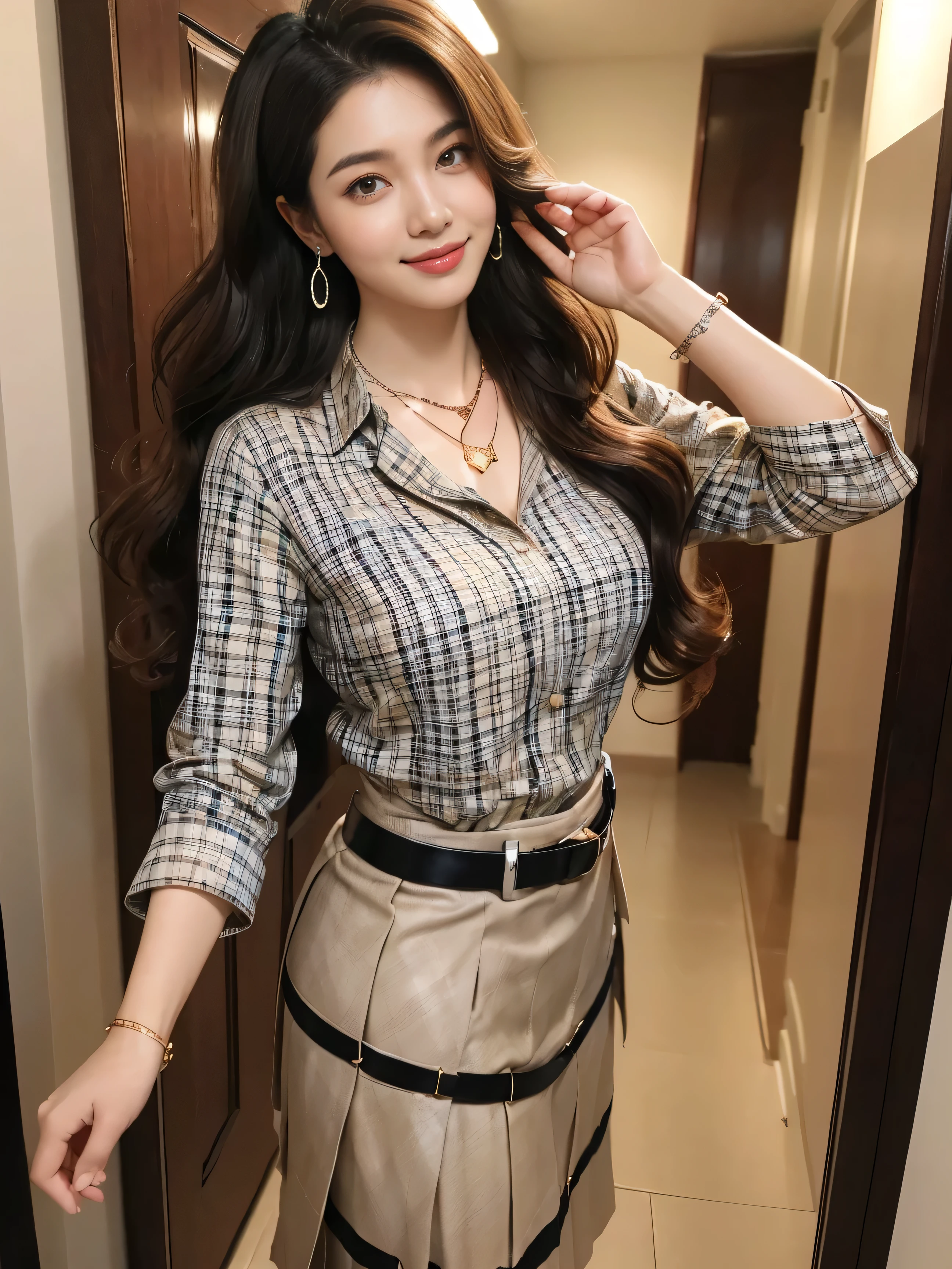 highest quality,masterpiece,ultra high resolution,(actual:1.4),original photo,ultra high resolution,8K,there is a girl,fashion,winter,confident and beautiful,calm temperament,whole body,street,long legs,((Hair with loose waves inside:1.2)),((silver necklace_Large earrings:1.2)),((Super long brown hair:1.2))、((Strongly blurred beautiful office corridor background:1.1)、The most natural and perfect office hallway、perfectly organized hallway、(((wearing a classy elegant Black Beige Tartan Plaid pattern shirt:1.3))), (pleats skirt:1.3), (belt:1.3),((shy smile:1.3)),((gold necklace_Large earrings:1.2)),((Angle from directly above:1.1)),