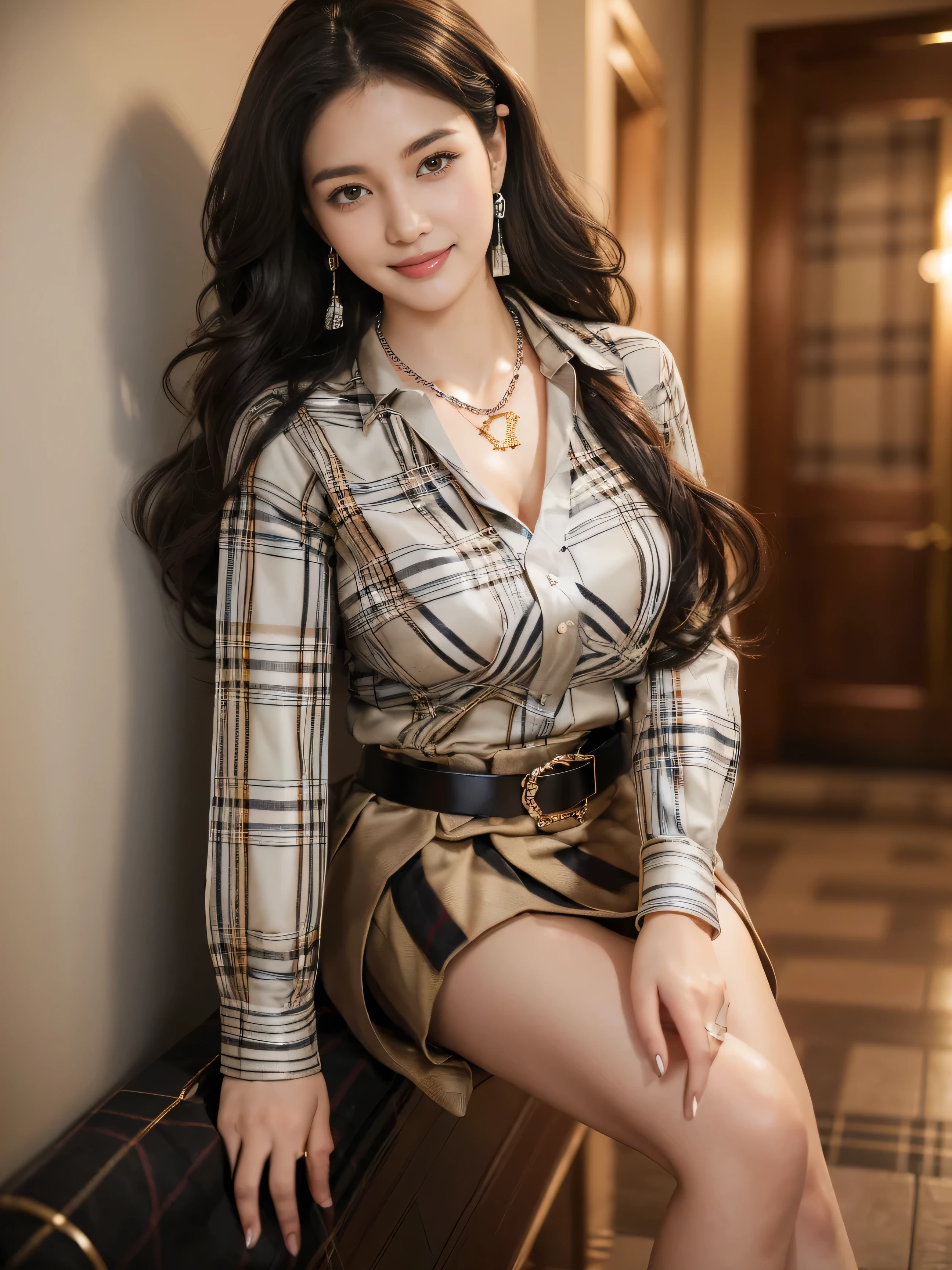 highest quality,masterpiece,ultra high resolution,(actual:1.4),original photo,ultra high resolution,8K,there is a girl,fashion,winter,confident and beautiful,calm temperament,whole body,street,long legs,((Hair with loose waves inside:1.2)),((silver necklace_Large earrings:1.2)),((Super long brown hair:1.2))、((Strongly blurred beautiful office corridor background:1.1)、The most natural and perfect office hallway、perfectly organized hallway、(((wearing a classy elegant Black Beige Tartan Plaid pattern shirt:1.3))), (pleats skirt:1.3), (belt:1.3),((shy smile:1.3)),((gold necklace_Large earrings:1.2)),((Angle from directly above:1.1)),