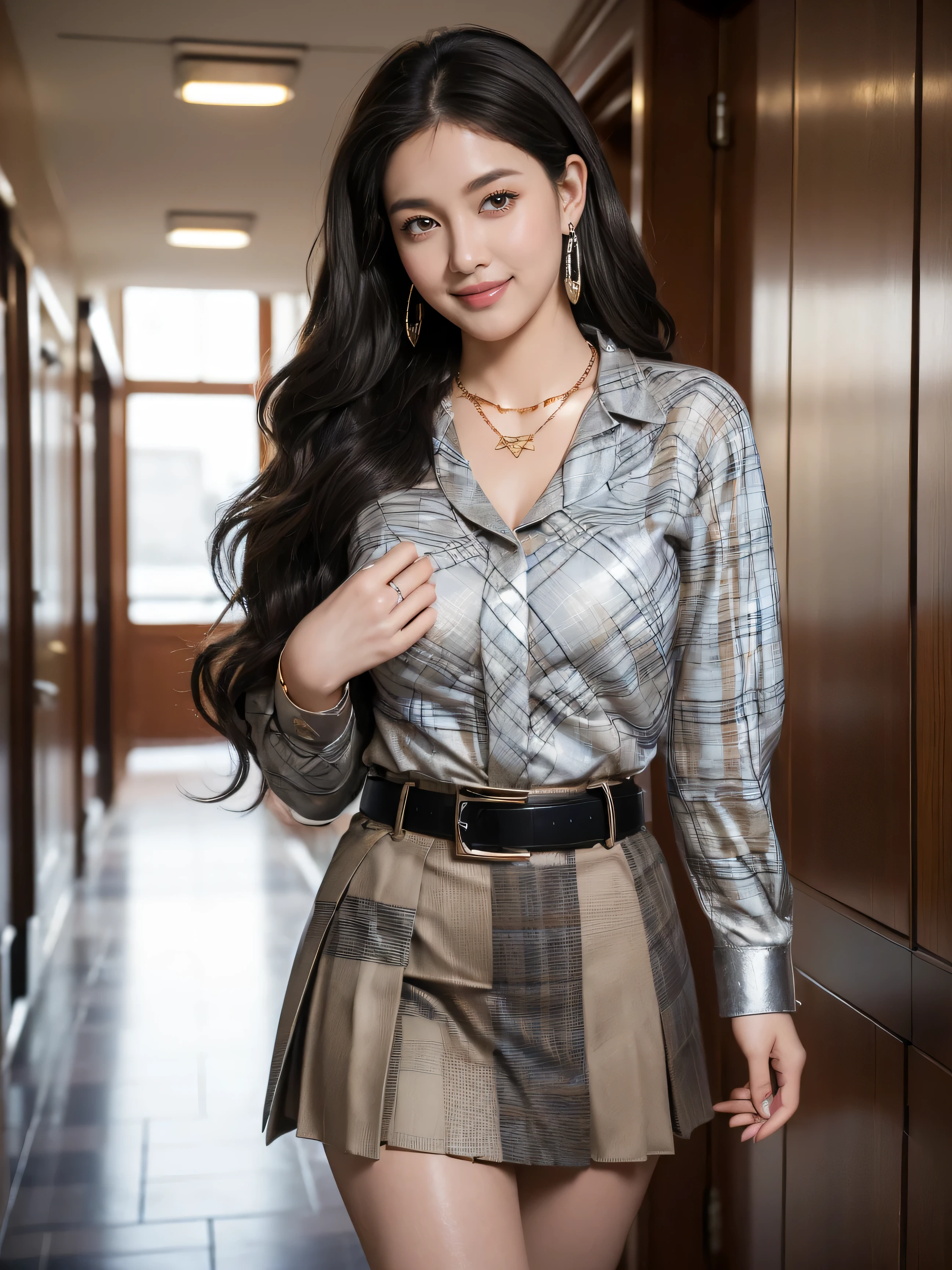 highest quality,masterpiece,ultra high resolution,(actual:1.4),original photo,ultra high resolution,8K,there is a girl,fashion,winter,confident and beautiful,calm temperament,whole body,street,long legs,((Hair with loose waves inside:1.2)),((silver necklace_Large earrings:1.2)),((Super long brown hair:1.2))、((Strongly blurred beautiful office corridor background:1.1)、The most natural and perfect office hallway、perfectly organized hallway、(((wearing a classy elegant Black Beige Tartan Plaid pattern shirt:1.3))), (pleats skirt:1.3), (belt:1.3),((shy smile:1.3)),((gold necklace_Large earrings:1.2)),((Angle from directly above:1.1)),