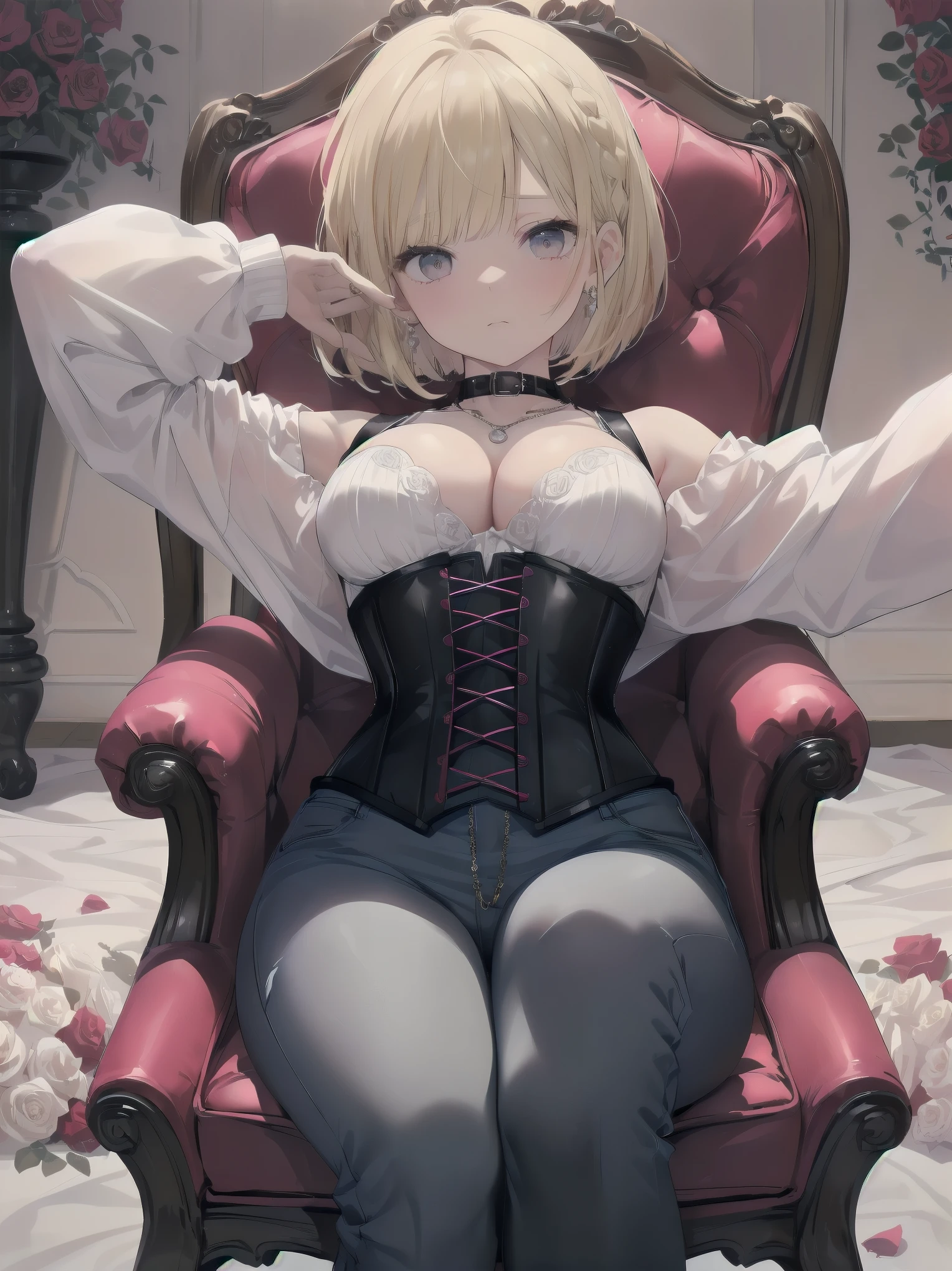((bright blonde hair)),((one length bob cut braided hair)),(balloon sleeve long sleeve clothing),(plaid long sleeve tops),((black long vest),((denim type corset)),((Feeling of fatigue and weakness)),((perspective from below)),some red tide,((wearing bold clothes and sitting on a chair)),(read)),((A room covered in pink and white roses)),((bold pose)),((Cleavage that looks modest)),((Collars and necklaces decorated with roses)),,((Please look away)),