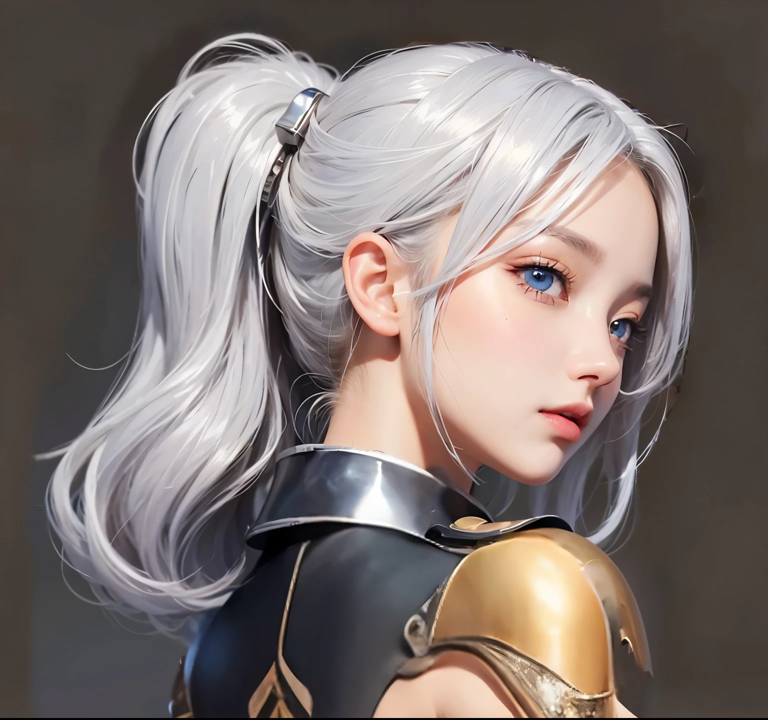 girl, side view, beautiful face, beautiful eyes, beautiful pupil, double eyelid, high detailed real skin, high quality skin, silver hair, professional lighting, real shadow, masterpiece,