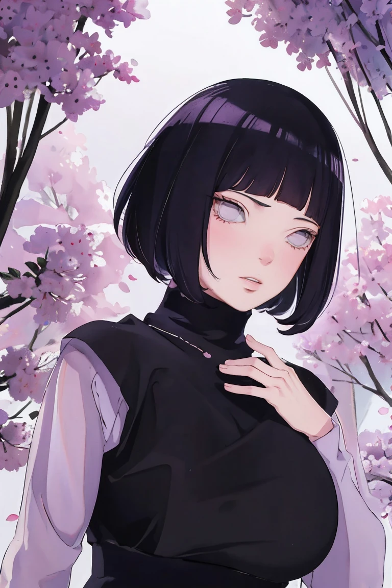 { - anatomy error} (Masterpiece - Ultra-detailed, very high resolution) (huge titusty, masterpiece, absurdres, hinata\(boruto\), 1girl, solo,mature female, lilac turtleneck blouse, black pant, looking at viewelling petals), perfect composition, detailed lips, big breast, beautiful face, body propotion, blush, (pink lips), short hair, (black hair), purple eyes, soft gaze, super realistic, detailed, photoshoot, realistic face and body, closed mouth , lilac eyes, upper body, hidden hands, perfect fingers, inocent face, portrait, Walking, writing, lying down, standing, on your back, dynamic poses
