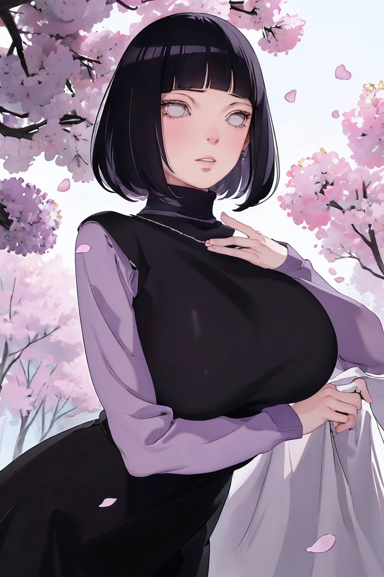 { - anatomy error} (Masterpiece - Ultra-detailed, very high resolution) (huge titusty, masterpiece, absurdres, hinata\(boruto\), 1girl, solo,mature female, lilac turtleneck blouse, black pant, looking at viewelling petals), perfect composition, detailed lips, big breast, beautiful face, body propotion, blush, (pink lips), short hair, (black hair), purple eyes, soft gaze, super realistic, detailed, photoshoot, realistic face and body, closed mouth , lilac eyes, upper body, hidden hands, perfect fingers, inocent face, portrait, Walking, writing, lying down, standing, on your back, dynamic poses