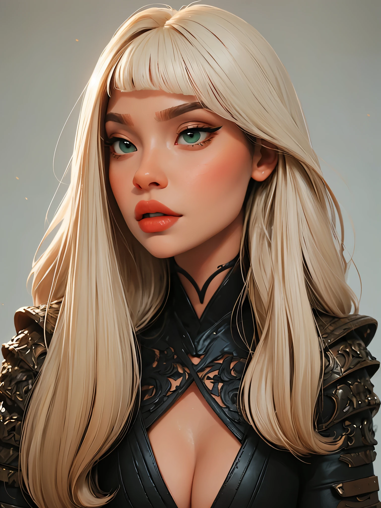 (masterpiece:1.2, best quality), (real picture, intricate details), 1lady, solo, upper body, casual, long hair, heavy makeup, white face, red lipstick, red eyeshadow, natural fabrics, close-up face, serious, warrior, female warrior, armour, really long light platinum blonde hair, bangs, platinum blonde voluminous hair, green eyes, big tits, big breasts, really big , Korean bangs, cute bangs, wispy bangs, pointy bangs, pointy bangs between eyes, soft bangs, mature face, 1female, 1woman, 1beautiful girl.