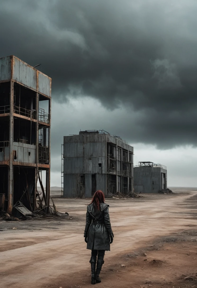 Photo of a Dystopian Secret Facility, apocalipse, grey sky, uma garota vestindo roupas estilo madmax andando ao redor