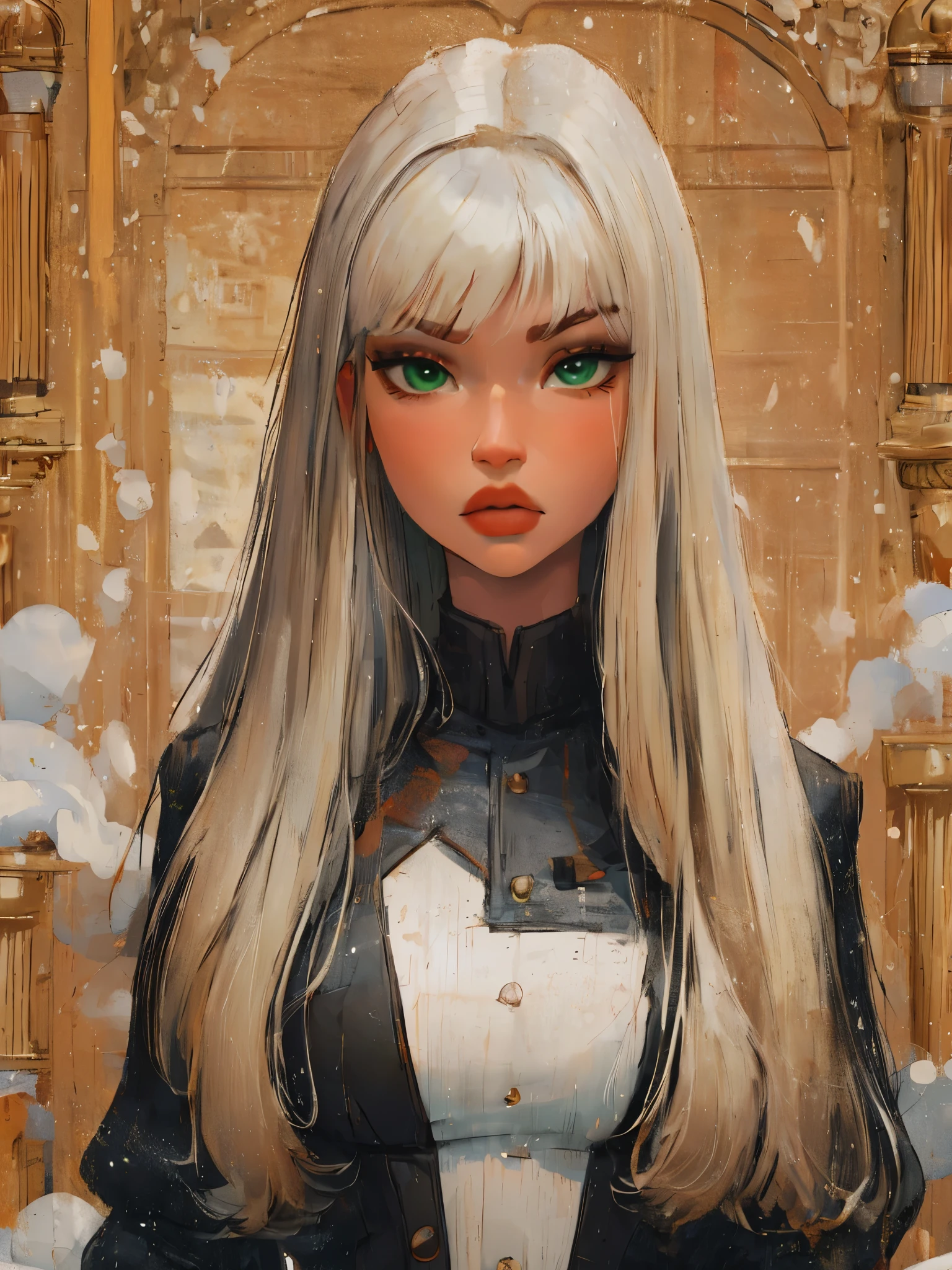 (masterpiece:1.2, best quality), (real picture, intricate details), 1lady, solo, upper body, casual, long hair, heavy makeup, white face, red lipstick, red eyeshadow, natural fabrics, close-up face, serious, warrior, female warrior, armour, really long light platinum blonde hair, bangs, platinum blonde voluminous hair, green eyes, big tits, big breasts, really big , Korean bangs, cute bangs, wispy bangs, pointy bangs, pointy bangs between eyes, soft bangs, mature face, 1female, 1woman, 1beautiful girl.