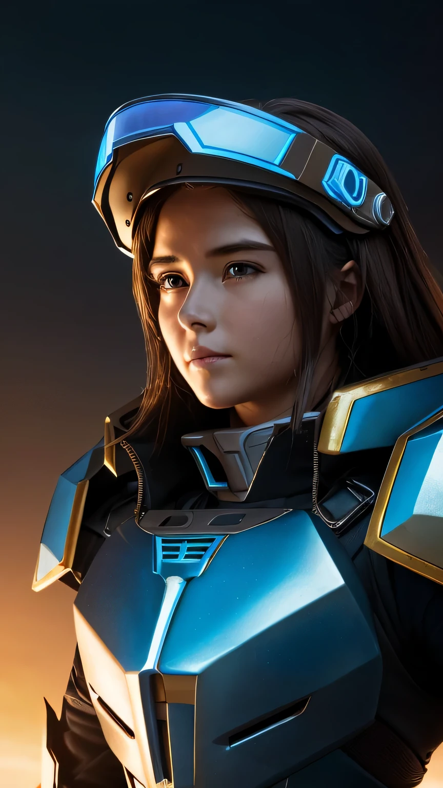masterpiece, 最high quality, , (alone), 1 girl, look up, dim light, , horizon_(apex legend), goggles, blue eyes, brown hair, gauntlet, shoulder armor, (Mecha Helmet), (science_fiction), outdoor, street, neon light, cyber punk, masterpiece, 最high quality, high quality, High resolution, (((Portrait)))