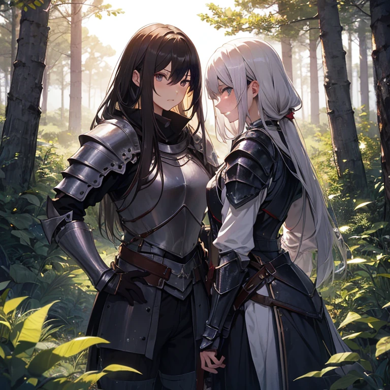 A group of  female knight, (in forest), various hair styles, harem, wearing armored clothes, metal armor, night, details face, trousers, seducing, sword, 