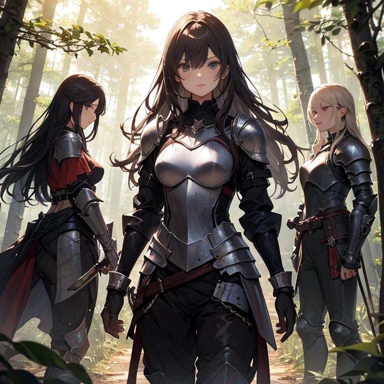 A group of  female knight, (in forest), various hair styles, harem, wearing armored clothes, metal armor, night, details face, trousers, seducing, sword, 