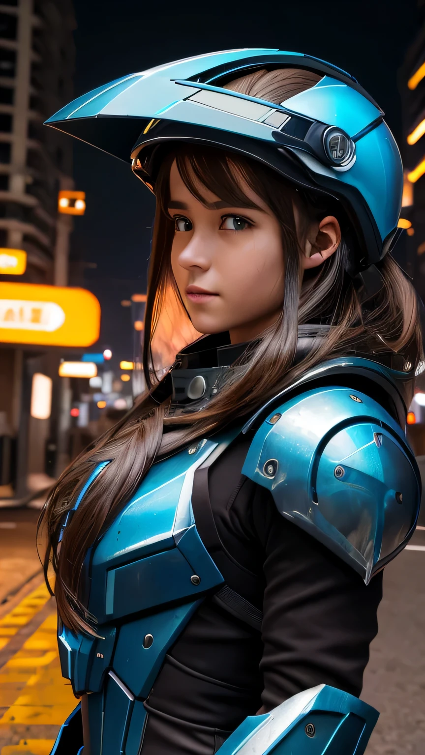 masterpiece, 最high quality, , (alone), 1 girl, look up, dim light, , horizon_(apex legend), goggles, blue eyes, brown hair, gauntlet, shoulder armor, (Mecha Helmet), (science_fiction), outdoor, street, neon light, cyber punk, masterpiece, 最high quality, high quality, High resolution, (((Portrait)))