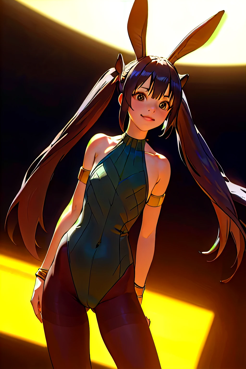 masterpiece, best quality, highres, aawendy, long hair, twintails, hair ornament, bare shoulders, green dress, sleeveless dress, armlet, bracelet, outdoors, standing, cowboy shot, smile, tetas con una altura de 2 y 1.0 centimeters y un grosor de 1.0 centimeters (black bunny suit, black bunny ears, pantyhose:1.2), (best quality, 4k, 8k, highres, masterpiece:1.2), ultra-detailed, (realistic, photorealistic, photo-realistic:1.37), HDR, UHD, studio lighting, ultra-fine painting, sharp focus, physically-based rendering, extreme detail description, professional, vivid colors, bokeh, portraits, (mysterious, dark:0.9) background, (soft, gentle:1.1) lighting