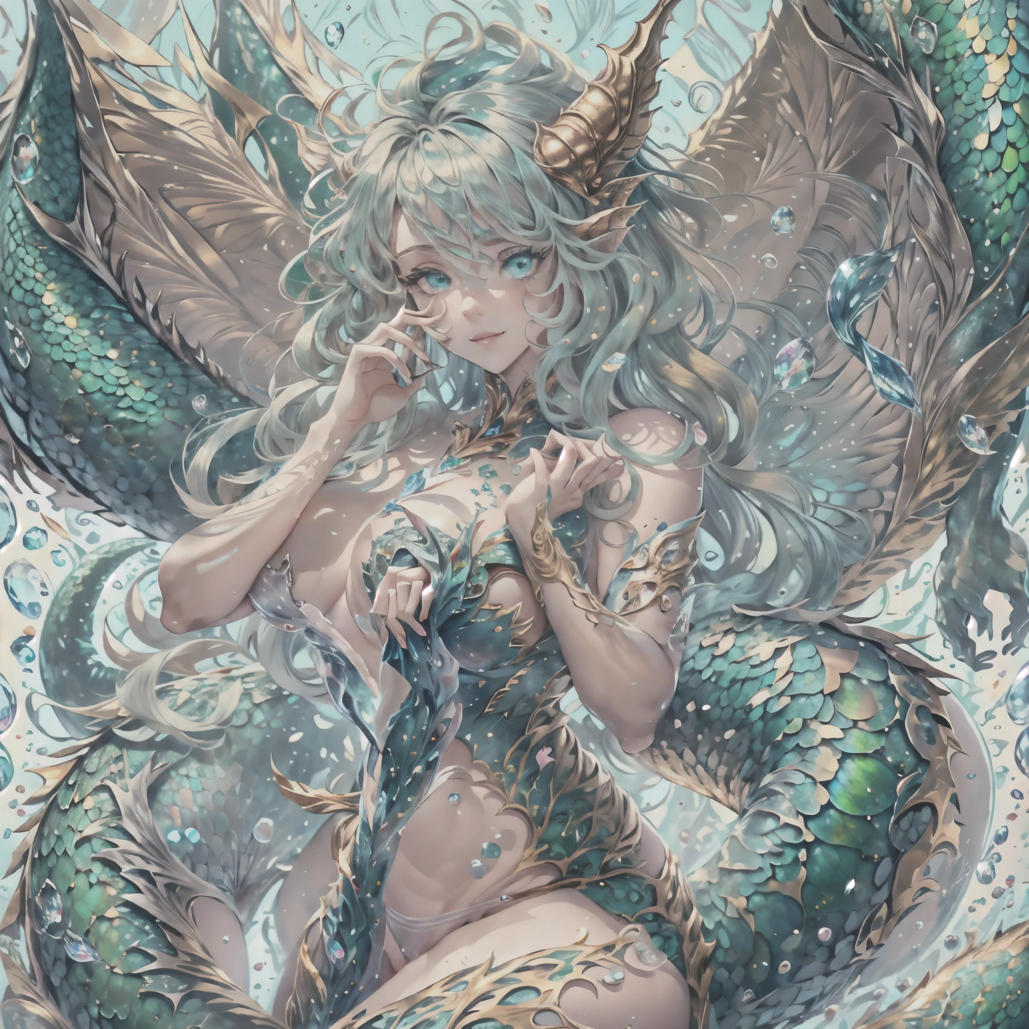 (best quality,4k,8k,highres,masterpiece:1.2, portrait), ultra-detailed, realistic, naked sexy dragon woman with green and blue glittering scales, skin is glittering green and blue scales, medium length wavy green hair with blonde highlights, very playful but mischievous smile, huge tits, gigantic breasts, naked, nude, detailed crotch, detailed vulva, sexy pose, spread legs, playful, bi-coloured eyes, heterochromia, lustful