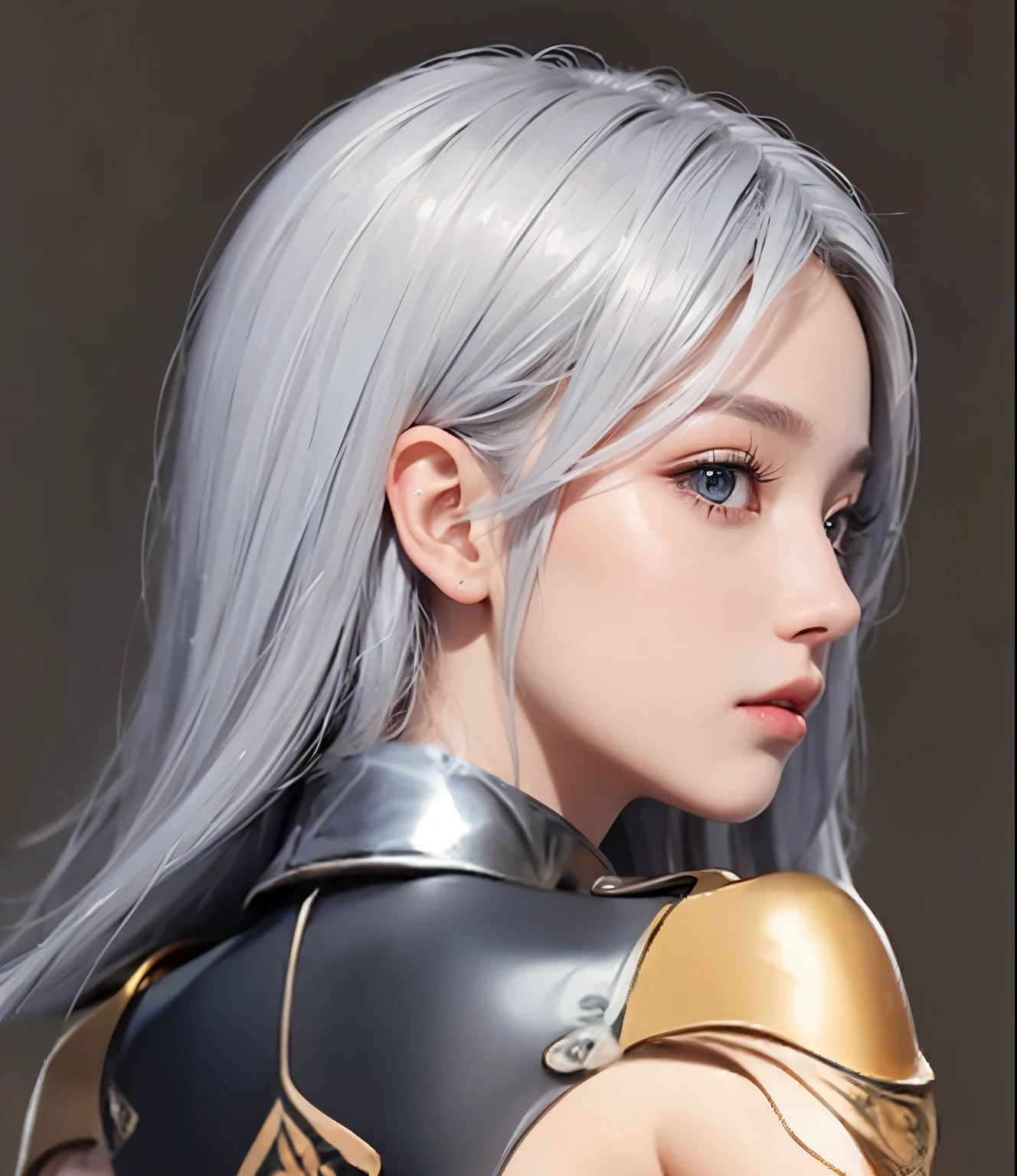 girl, side view, beautiful face, beautiful eyes, beautiful pupil, double eyelid, high detailed real skin, high quality skin, silver hair, professional lighting, real shadow, masterpiece,