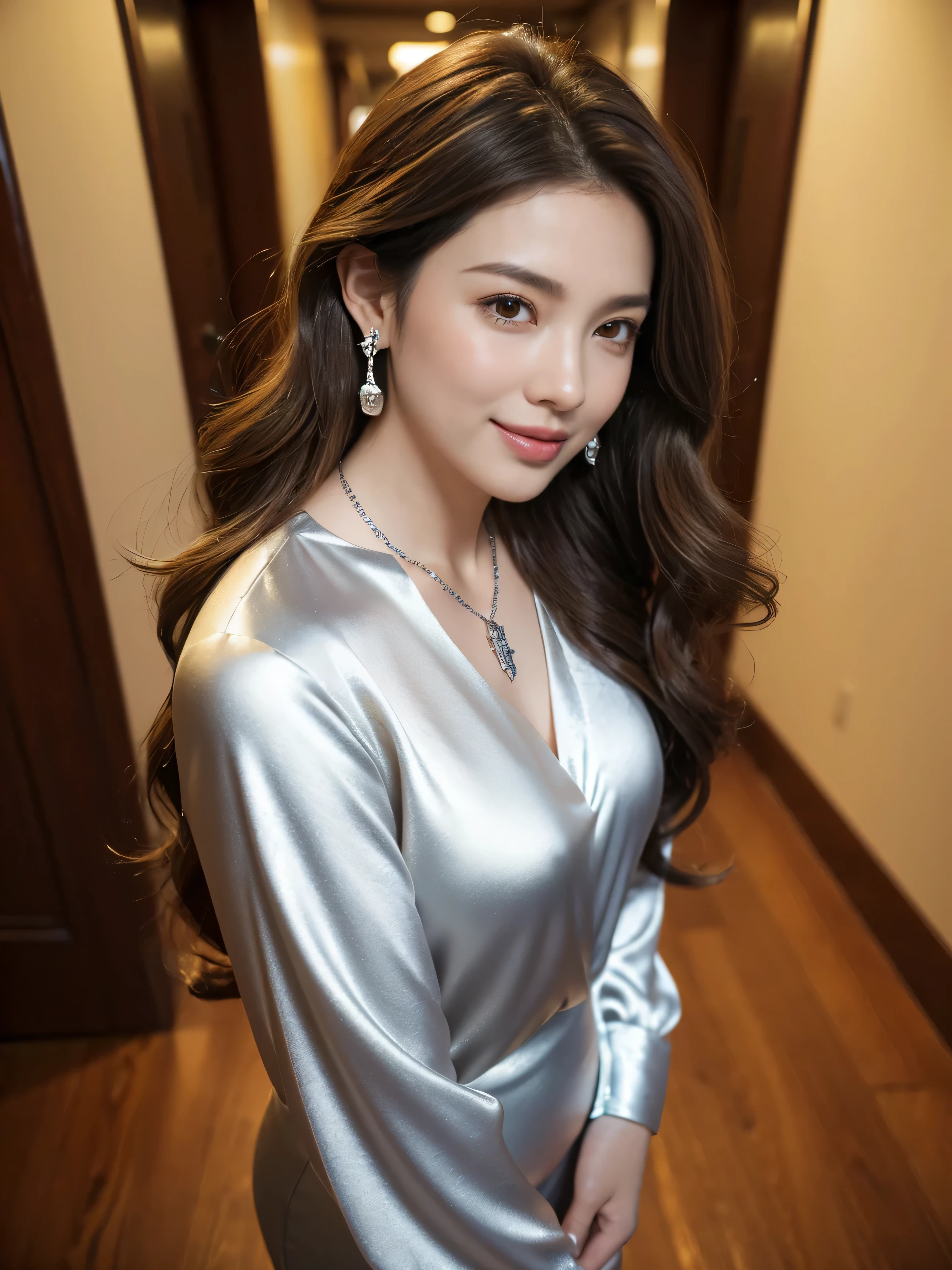 highest quality,masterpiece,ultra high resolution,(actual:1.4),original photo,ultra high resolution,8K,there is a girl,fashion,winter,confident and beautiful,calm temperament,whole body,street,long legs,((Hair with loose waves inside:1.2)),((silver necklace_Large earrings:1.2)),((Super long brown hair:1.2))、((Strongly blurred beautiful office corridor background:1.1)、The most natural and perfect office hallway、perfectly organized hallway、(shy smile:1.3)),((gold necklace_Large earrings:1.2)),((Angle from directly above:1.1)),((Bewitching beautiful mature elite secretary in luxurious silk blouse:1.3)、