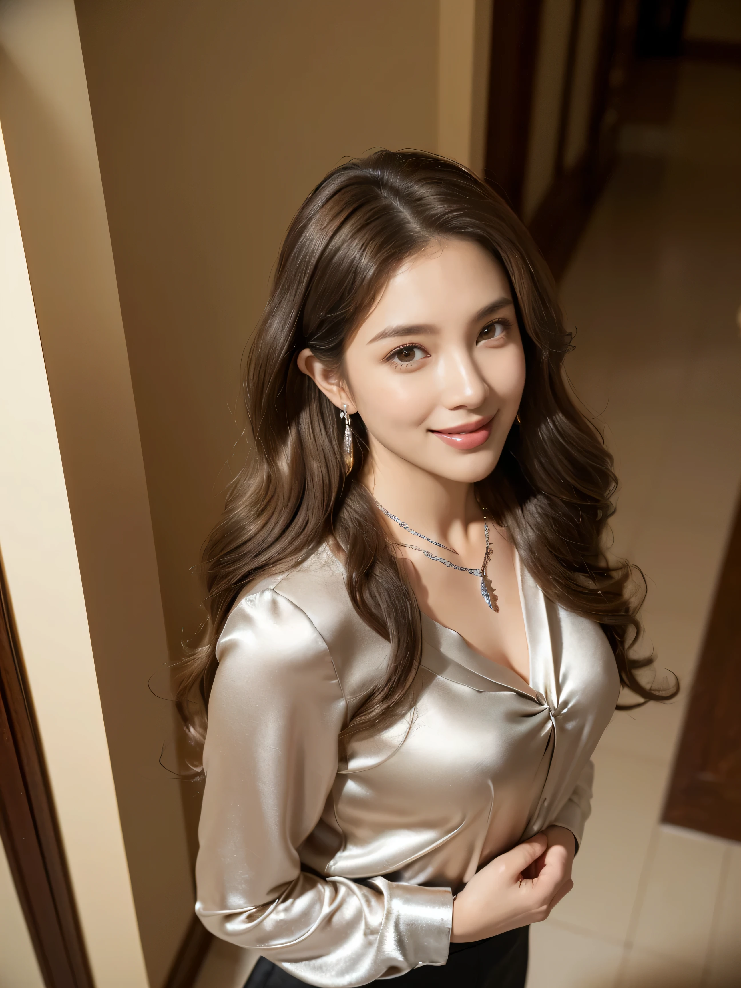 highest quality,masterpiece,ultra high resolution,(actual:1.4),original photo,ultra high resolution,8K,there is a girl,fashion,winter,confident and beautiful,calm temperament,whole body,street,long legs,((Hair with loose waves inside:1.2)),((silver necklace_Large earrings:1.2)),((Super long brown hair:1.2))、((Strongly blurred beautiful office corridor background:1.1)、The most natural and perfect office hallway、perfectly organized hallway、(shy smile:1.3)),((gold necklace_Large earrings:1.2)),((Angle from directly above:1.1)),((Bewitching beautiful mature elite secretary in luxurious silk blouse:1.3)、
