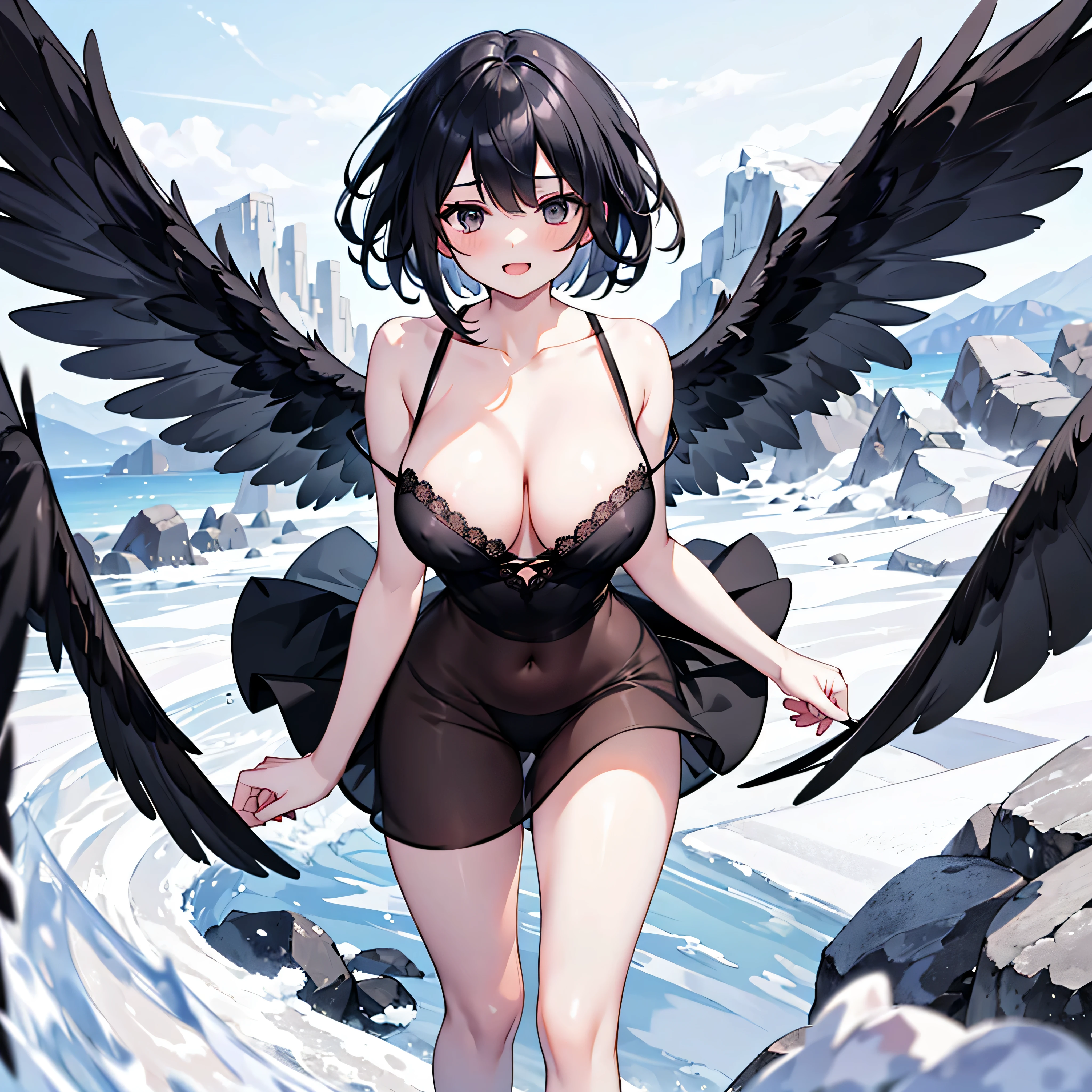 (1 seraphim girl standing on peak of frozen snowy mountain) higher than overcast, blowing frozen wind, (solo), swinging back, multiple wings, (she has 12 wings on her back), (6 white wings:1.5) and (6 black wings:1.5), BREAK, (wearing nothing without a lace trimmed sheer short black chemise:1.4), (black plunging neckline), too short black skirt flapping by wind, stiletto heels, BREAK, (black short hair:1.3), sidelocks, black eyes, (bouncing large breasts), cleavage, inconceivably narrow waist, bared skinny arms, bared skinny long legs, thigh gap, tiptoe, BREAK, baby face, nose blush, smile for viewer, open mouth, orgasm, BREAK, full body, (extremely detailed CG unity 8k wallpaper), (beautiful detailed), (ultra high resolution), (masterpiece:1.2), (best quality), (beautiful illustration)