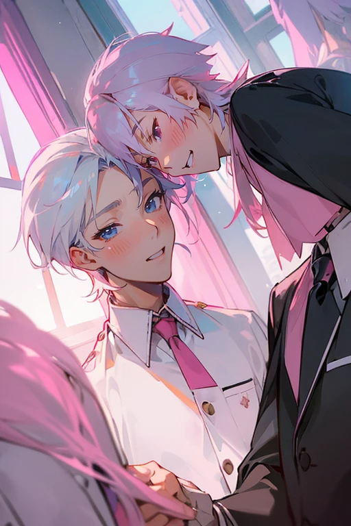 (muste piece), (best quality), very detailed, (((Two friendly high school boys:1.5))), perfect face, beautiful face, very detailed face，(white haired man:1.3)，(pink haired man:1.3)，School，classroom，student uniform，white uniform, tie，shirt, special A class anime,holding his face