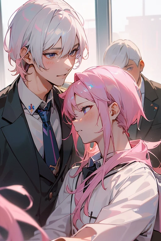 (muste piece), (best quality), very detailed, (((Two friendly high school boys:1.5))), perfect face, beautiful face, very detailed face，(white haired man:1.3)，(pink haired man:1.3)，School，classroom，student uniform，white uniform, tie，shirt, special A class anime,holding his face