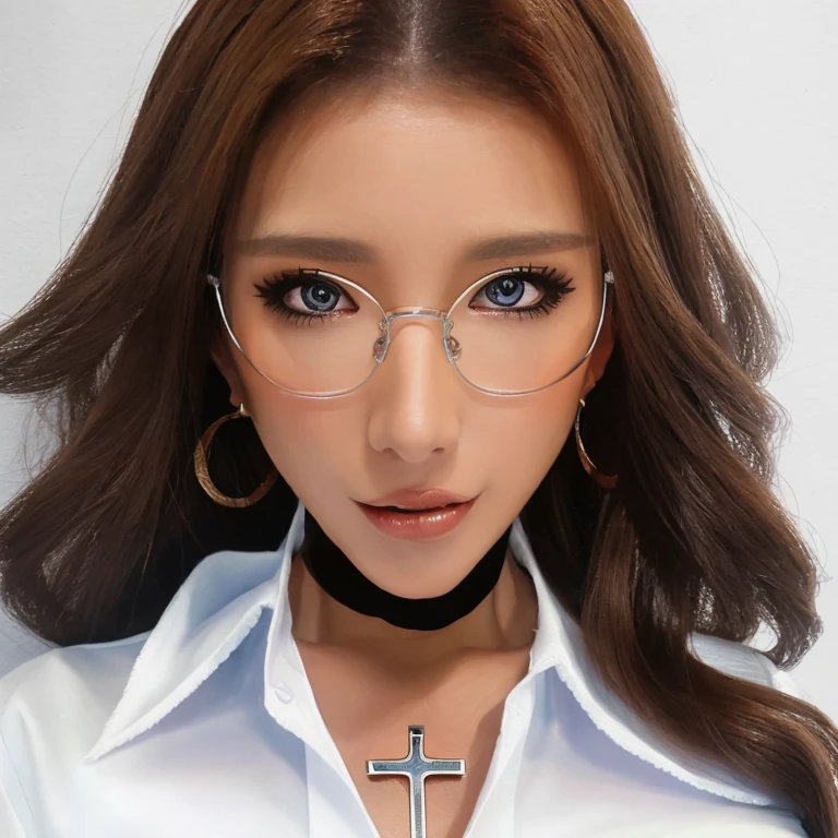 (masterpiece),(highest quality),(ultra high resolution),(8K resolution),(realistic),(super detailed),(sharp focus),(Raw photo),
1 girl,good hand,(long hair),(wavy hair),(hair above one eye),Glasses,(choker),(cross necklace),(earrings),(sapphire eyes),(nearly torn white shirt:1.6),(Ahegao),(blush:0.5),