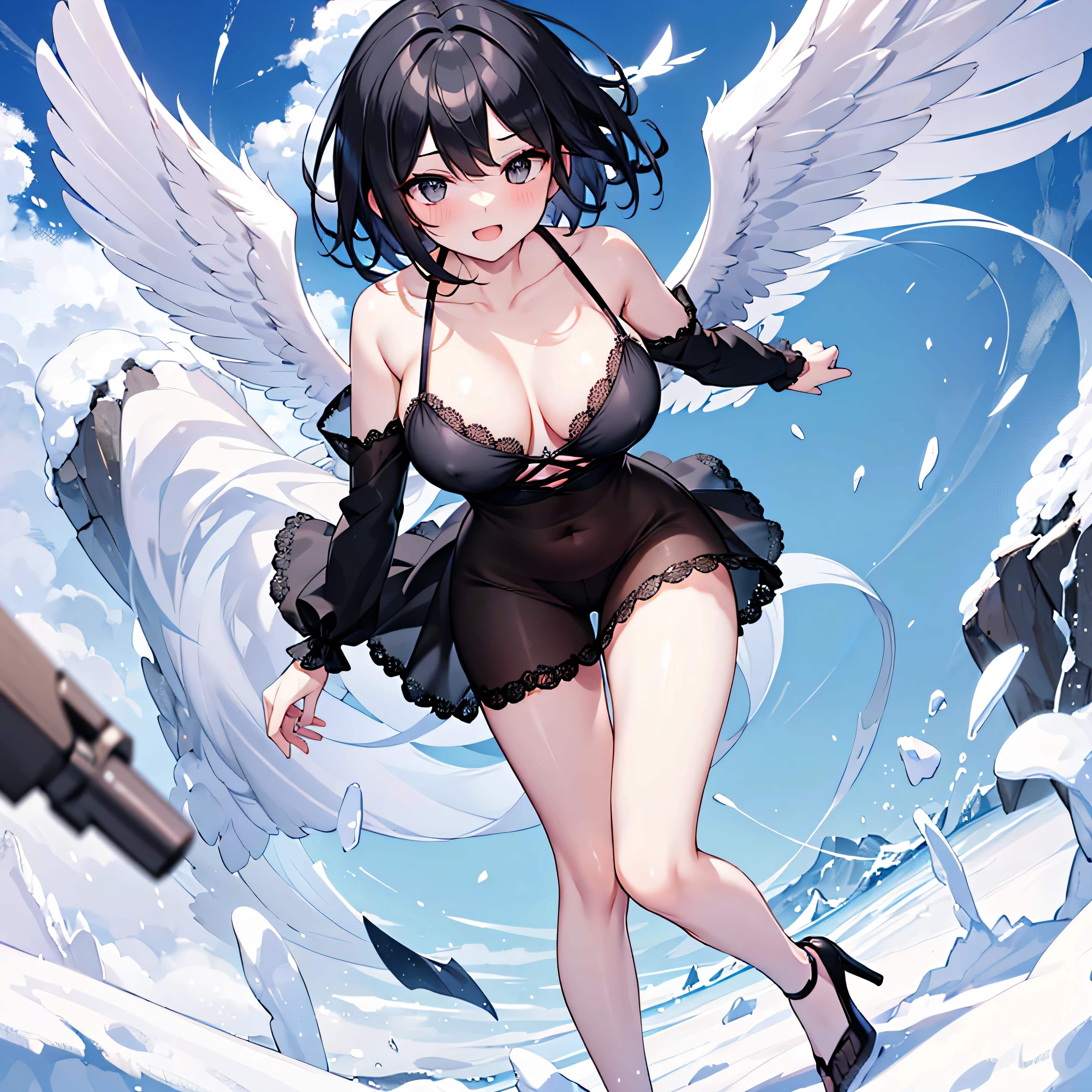 (1 seraphim girl standing on peak of frozen snowy mountain) higher than overcast, blowing frozen wind, (solo), swinging back, multiple wings, (she has 12 wings on her back), (6 white wings:1.5) and (6 black wings:1.5), BREAK, (wearing nothing without a lace trimmed sheer short black chemise:1.4), (black plunging neckline), too short black skirt flapping by wind, stiletto heels, BREAK, (black short hair:1.3), sidelocks, black eyes, (bouncing large breasts), cleavage, inconceivably narrow waist, bared skinny arms, bared skinny long legs, thigh gap, tiptoe, BREAK, baby face, nose blush, smile for viewer, open mouth, orgasm, BREAK, full body, (extremely detailed CG unity 8k wallpaper), (beautiful detailed), (ultra high resolution), (masterpiece:1.2), (best quality), (beautiful illustration)