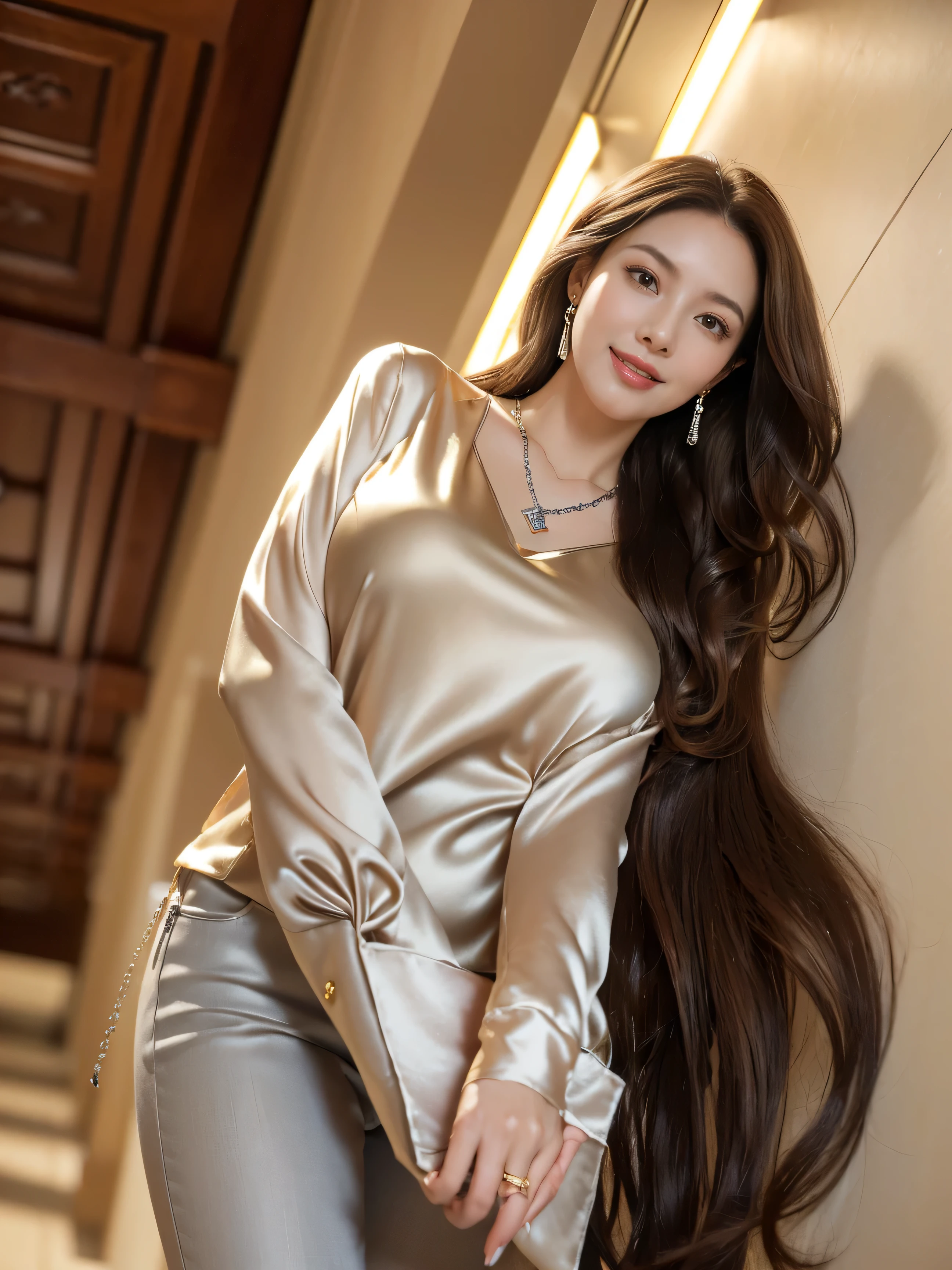 highest quality,masterpiece,ultra high resolution,(actual:1.4),original photo,ultra high resolution,8K,there is a girl,fashion,winter,confident and beautiful,calm temperament,whole body,street,long legs,((Hair with loose waves inside:1.2)),((silver necklace_Large earrings:1.2)),((Super long brown hair:1.2))、((Strongly blurred beautiful office corridor background:1.1)、The most natural and perfect office hallway、perfectly organized hallway、(shy smile:1.3)),((gold necklace_Large earrings:1.2)),((Bewitching beautiful mature elite secretary in luxurious silk blouse:1.3)、((look down at the viewer,from below:1.5))