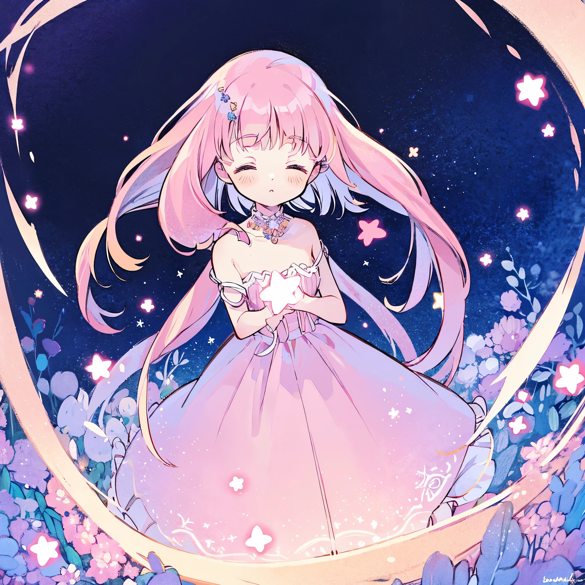 complex background, wishing star background, a woman wearing an ethereal mystical pink translucent dress that reflects the stars, perfume promo art, mystic, complex drawing, highly detailed, Covergirl brand, promo art, artistic rendition, ethereal, starry night, midjourney style
